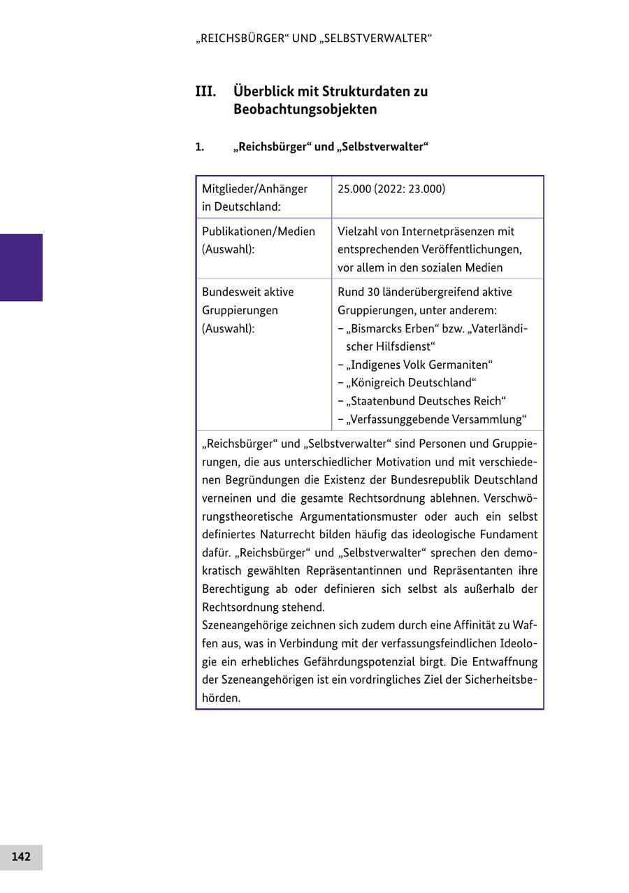 "REICHSBÜRGER" UND "SELBSTVERWALTER" III. Überblick mit Strukturdaten zu Beobachtungsobjekten 1. "Reichsbürger" und "Selbstverwalter" Mitglieder/Anhänger 25.000 (2022: 23.000) in Deutschland: Publikationen/Medien Vielzahl von Internetpräsenzen mit (Auswahl): entsprechenden Veröffentlichungen, vor allem in den sozialen Medien Bundesweit aktive Rund 30 länderübergreifend aktive Gruppierungen Gruppierungen, unter anderem: (Auswahl): - "Bismarcks Erben" bzw. "Vaterländischer Hilfsdienst" - "Indigenes Volk Germaniten" - "Königreich Deutschland" - "Staatenbund Deutsches Reich" - "Verfassunggebende Versammlung" "Reichsbürger" und "Selbstverwalter" sind Personen und Gruppierungen, die aus unterschiedlicher Motivation und mit verschiedenen Begründungen die Existenz der Bundesrepublik Deutschland verneinen und die gesamte Rechtsordnung ablehnen. Verschwörungstheoretische Argumentationsmuster oder auch ein selbst definiertes Naturrecht bilden häufig das ideologische Fundament dafür. "Reichsbürger" und "Selbstverwalter" sprechen den demokratisch gewählten Repräsentantinnen und Repräsentanten ihre Berechtigung ab oder definieren sich selbst als außerhalb der Rechtsordnung stehend. Szeneangehörige zeichnen sich zudem durch eine Affinität zu Waffen aus, was in Verbindung mit der verfassungsfeindlichen Ideologie ein erhebliches Gefährdungspotenzial birgt. Die Entwaffnung der Szeneangehörigen ist ein vordringliches Ziel der Sicherheitsbehörden. 142
