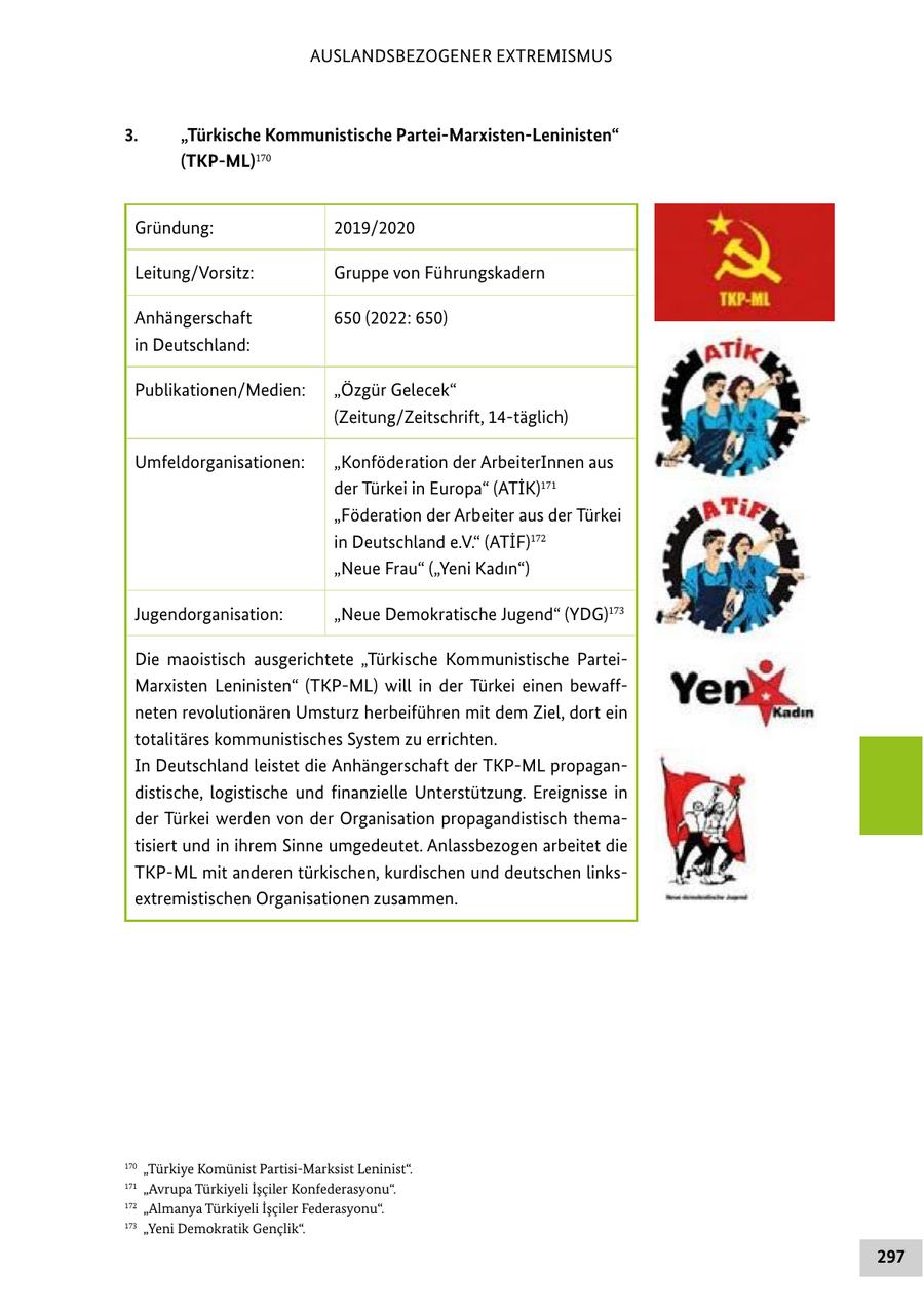 AUSLANDSBEZOGENER EXTREMISMUS 3. "Türkische Kommunistische Partei-Marxisten-Leninisten" (TKP-ML)170 Gründung: 2019/2020 Leitung/Vorsitz: Gruppe von Führungskadern Anhängerschaft 650 (2022: 650) in Deutschland: Publikationen/Medien: "Özgür Gelecek" (Zeitung/Zeitschrift, 14-täglich) Umfeldorganisationen: "Konföderation der ArbeiterInnen aus der Türkei in Europa" (ATIK)171 "Föderation der Arbeiter aus der Türkei in Deutschland e.V." (ATIF)172 "Neue Frau" ("Yeni Kadin") Jugendorganisation: "Neue Demokratische Jugend" (YDG)173 Die maoistisch ausgerichtete "Türkische Kommunistische ParteiMarxisten Leninisten" (TKP-ML) will in der Türkei einen bewaffneten revolutionären Umsturz herbeiführen mit dem Ziel, dort ein totalitäres kommunistisches System zu errichten. In Deutschland leistet die Anhängerschaft der TKP-ML propagandistische, logistische und finanzielle Unterstützung. Ereignisse in der Türkei werden von der Organisation propagandistisch thematisiert und in ihrem Sinne umgedeutet. Anlassbezogen arbeitet die TKP-ML mit anderen türkischen, kurdischen und deutschen linksextremistischen Organisationen zusammen. 170 "Türkiye Komünist Partisi-Marksist Leninist". 171 "Avrupa Türkiyeli Isciler Konfederasyonu". 172 "Almanya Türkiyeli Isciler Federasyonu". 173 "Yeni Demokratik Genclik". 297