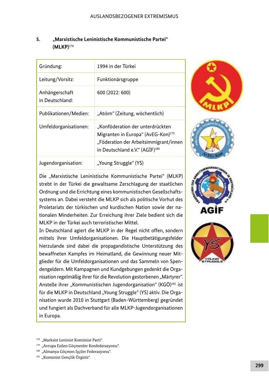 AUSLANDSBEZOGENER EXTREMISMUS 5. "Marxistische Leninistische Kommunistische Partei" (MLKP)178 Gründung: 1994 in der Türkei Leitung/Vorsitz: Funktionärsgruppe Anhängerschaft 600 (2022: 600) in Deutschland: Publikationen/Medien: "Atilim" (Zeitung, wöchentlich) Umfeldorganisationen: "Konföderation der unterdrückten Migranten in Europa" (AvEG-Kon)179 "Föderation der Arbeitsimmigrant/innen in Deutschland e.V." (AGIF)180 Jugendorganisation: "Young Struggle" (YS) Die "Marxistische Leninistische Kommunistische Partei" (MLKP) strebt in der Türkei die gewaltsame Zerschlagung der staatlichen Ordnung und die Errichtung eines kommunistischen Gesellschaftssystems an. Dabei versteht die MLKP sich als politische Vorhut des Proletariats der türkischen und kurdischen Nation sowie der nationalen Minderheiten. Zur Erreichung ihrer Ziele bedient sich die MLKP in der Türkei auch terroristischer Mittel. In Deutschland agiert die MLKP in der Regel nicht offen, sondern mittels ihrer Umfeldorganisationen. Die Hauptbetätigungsfelder hierzulande sind dabei die propagandistische Unterstützung des bewaffneten Kampfes im Heimatland, die Gewinnung neuer Mitglieder für die Umfeldorganisationen und das Sammeln von Spendengeldern. Mit Kampagnen und Kundgebungen gedenkt die Organisation regelmäßig ihrer für die Revolution gestorbenen "Märtyrer". Anstelle ihrer "Kommunistischen Jugendorganisation" (KGÖ)181 ist für die MLKP in Deutschland "Young Struggle" (YS) aktiv. Die Organisation wurde 2010 in Stuttgart (Baden-Württemberg) gegründet und fungiert als Dachverband für alle MLKP-Jugendorganisationen in Europa. 178 "Marksist Leninist Komünist Parti". 179 "Avrupa Ezilen Göcmenler Konfederasyonu". 180 "Almanya Göcmen Isciler Federasyonu". 181 "Komünist Genclik Örgütü". 299