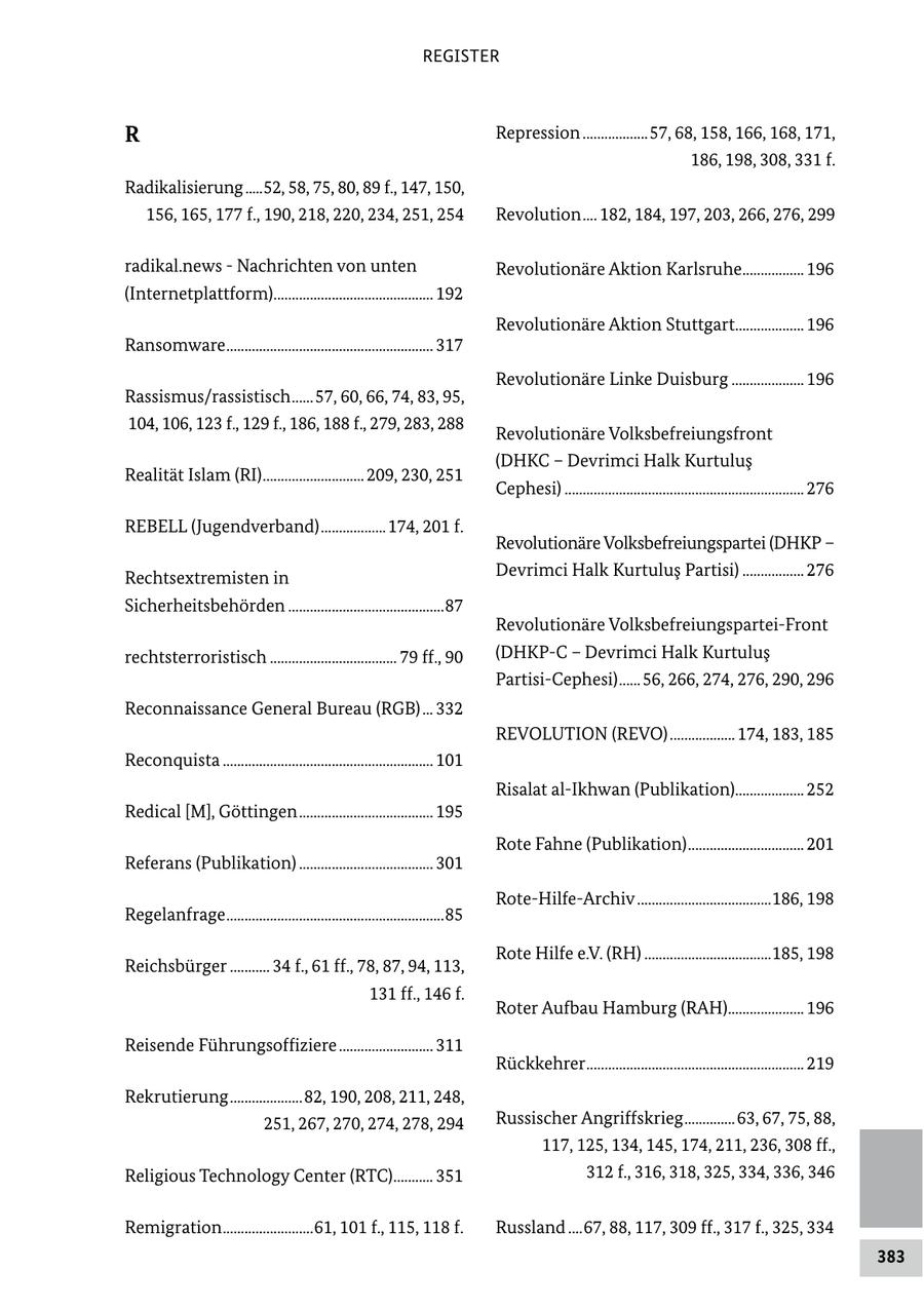 REGISTER R Repression ..................57, 68, 158, 166, 168, 171, 186, 198, 308, 331 f. Radikalisierung .....52, 58, 75, 80, 89 f., 147, 150, 156, 165, 177 f., 190, 218, 220, 234, 251, 254 Revolution .... 182, 184, 197, 203, 266, 276, 299 radikal.news - Nachrichten von unten Revolutionäre Aktion Karlsruhe................. 196 (Internetplattform)............................................ 192 Revolutionäre Aktion Stuttgart................... 196 Ransomware ......................................................... 317 Revolutionäre Linke Duisburg .................... 196 Rassismus/rassistisch ......57, 60, 66, 74, 83, 95, 104, 106, 123 f., 129 f., 186, 188 f., 279, 283, 288 Revolutionäre Volksbefreiungsfront (DHKC - Devrimci Halk Kurtulus Realität Islam (RI) ............................ 209, 230, 251 Cephesi) .................................................................. 276 REBELL (Jugendverband) .................. 174, 201 f. Revolutionäre Volksbefreiungspartei (DHKP - Rechtsextremisten in Devrimci Halk Kurtulus Partisi) ................. 276 Sicherheitsbehörden ...........................................87 Revolutionäre Volksbefreiungspartei-Front rechtsterroristisch ................................... 79 ff., 90 (DHKP-C - Devrimci Halk Kurtulus Partisi-Cephesi) ......56, 266, 274, 276, 290, 296 Reconnaissance General Bureau (RGB) ... 332 REVOLUTION (REVO) .................. 174, 183, 185 Reconquista .......................................................... 101 Risalat al-Ikhwan (Publikation)................... 252 Redical [M], Göttingen ..................................... 195 Rote Fahne (Publikation) ................................ 201 Referans (Publikation) ..................................... 301 Rote-Hilfe-Archiv .....................................186, 198 Regelanfrage ............................................................85 Rote Hilfe e.V. (RH) ...................................185, 198 Reichsbürger ........... 34 f., 61 ff., 78, 87, 94, 113, 131 ff., 146 f. Roter Aufbau Hamburg (RAH)..................... 196 Reisende Führungsoffiziere .......................... 311 Rückkehrer ............................................................ 219 Rekrutierung ....................82, 190, 208, 211, 248, 251, 267, 270, 274, 278, 294 Russischer Angriffskrieg ..............63, 67, 75, 88, 117, 125, 134, 145, 174, 211, 236, 308 ff., Religious Technology Center (RTC)........... 351 312 f., 316, 318, 325, 334, 336, 346 Remigration .........................61, 101 f., 115, 118 f. Russland ....67, 88, 117, 309 ff., 317 f., 325, 334 383