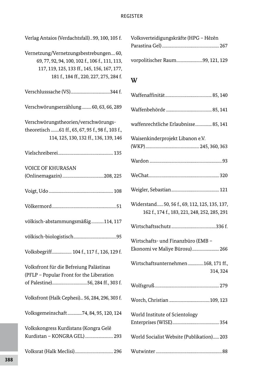 REGISTER Verlag Antaios (Verdachtsfall) ..99, 100, 105 f. Volksverteidigungskräfte (HPG - Hezen Parastina Gel) ....................................................... 267 Vernetzung/Vernetzungsbestrebungen .... 60, 69, 77, 92, 94, 100, 102 f., 106 f., 111, 113, vorpolitischer Raum .........................99, 121, 129 117, 119, 125, 133 ff., 145, 156, 167, 177, 181 f., 184 ff., 220, 227, 275, 284 f. W Verschlusssache (VS) ......................................344 f. Waffenaffinität ............................................. 85, 140 Verschwörungserzählung ......... 60, 63, 66, 289 Waffenbehörde ............................................ 85, 141 Verschwörungstheorien/verschwörungswaffenrechtliche Erlaubnisse ................ 85, 141 theoretisch ........61 ff., 65, 67, 95 f., 98 f., 103 f., 114, 125, 130, 132 ff., 136, 139, 146 Waisenkinderprojekt Libanon e.V. (WKP) .................................................... 245, 360, 363 Vielschreiberei ..................................................... 135 Wardon ......................................................................93 VOICE OF KHURASAN (Onlinemagazin) ........................................208, 225 WeChat.................................................................... 320 Voigt, Udo .............................................................. 108 Weigler, Sebastian .............................................. 121 Völkermord ..............................................................51 Widerstand...... 50, 56 f., 69, 112, 125, 135, 137, 162 f., 174 f., 183, 221, 248, 252, 285, 291 völkisch-abstammungsmäßig ............114, 117 Wirtschaftsschutz ...........................................336 f. völkisch-biologistisch .........................................95 Wirtschaftsund Finanzbüro (EMB - Ekonomi ve Maliye Bürosu) .......................... 266 Volksbegriff................... 104 f., 117 f., 126, 129 f. Wirtschaftsunternehmen ...............168, 171 ff., Volksfront für die Befreiung Palästinas 314, 324 (PFLP - Popular Front for the Liberation of Palestine)..................................56, 284 ff., 303 f. Wolfsgruß .............................................................. 279 Volksfront (Halk Cephesi)... 56, 284, 296, 303 f. Worch, Christian .......................................109, 123 Volksgemeinschaft ..............74, 84, 95, 120, 124 World Institute of Scientology Enterprises (WISE) ............................................. 354 Volkskongress Kurdistans (Kongra Gele Kurdistan - KONGRA GEL) ........................... 293 World Socialist Website (Publikation)...... 203 Volksrat (Halk Meclisi) ..................................... 296 Wutwinter ................................................................88 388