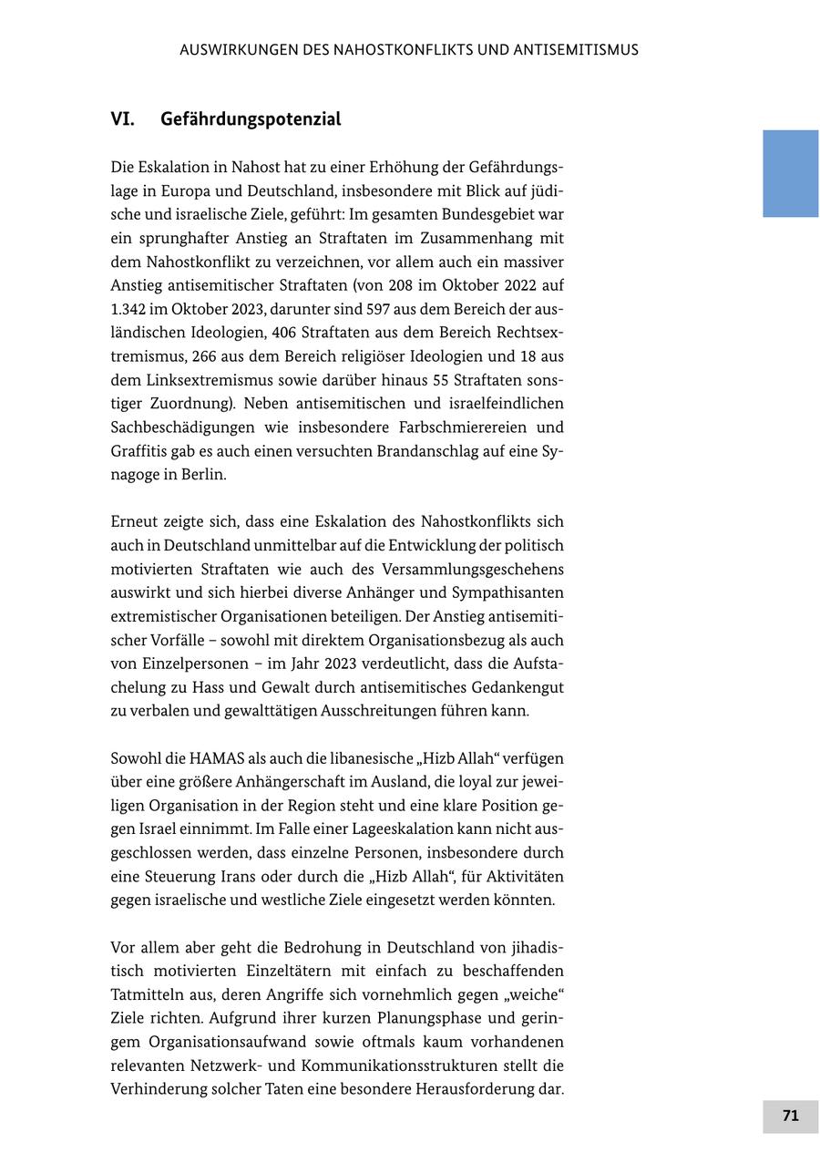 AUSWIRKUNGEN DES NAHOSTKONFLIKTS UND ANTISEMITISMUS VI. Gefährdungspotenzial Die Eskalation in Nahost hat zu einer Erhöhung der Gefährdungslage in Europa und Deutschland, insbesondere mit Blick auf jüdische und israelische Ziele, geführt: Im gesamten Bundesgebiet war ein sprunghafter Anstieg an Straftaten im Zusammenhang mit dem Nahostkonflikt zu verzeichnen, vor allem auch ein massiver Anstieg antisemitischer Straftaten (von 208 im Oktober 2022 auf 1.342 im Oktober 2023, darunter sind 597 aus dem Bereich der ausländischen Ideologien, 406 Straftaten aus dem Bereich Rechtsextremismus, 266 aus dem Bereich religiöser Ideologien und 18 aus dem Linksextremismus sowie darüber hinaus 55 Straftaten sonstiger Zuordnung). Neben antisemitischen und israelfeindlichen Sachbeschädigungen wie insbesondere Farbschmierereien und Graffitis gab es auch einen versuchten Brandanschlag auf eine Synagoge in Berlin. Erneut zeigte sich, dass eine Eskalation des Nahostkonflikts sich auch in Deutschland unmittelbar auf die Entwicklung der politisch motivierten Straftaten wie auch des Versammlungsgeschehens auswirkt und sich hierbei diverse Anhänger und Sympathisanten extremistischer Organisationen beteiligen. Der Anstieg antisemitischer Vorfälle - sowohl mit direktem Organisationsbezug als auch von Einzelpersonen - im Jahr 2023 verdeutlicht, dass die Aufstachelung zu Hass und Gewalt durch antisemitisches Gedankengut zu verbalen und gewalttätigen Ausschreitungen führen kann. Sowohl die HAMAS als auch die libanesische "Hizb Allah" verfügen über eine größere Anhängerschaft im Ausland, die loyal zur jeweiligen Organisation in der Region steht und eine klare Position gegen Israel einnimmt. Im Falle einer Lageeskalation kann nicht ausgeschlossen werden, dass einzelne Personen, insbesondere durch eine Steuerung Irans oder durch die "Hizb Allah", für Aktivitäten gegen israelische und westliche Ziele eingesetzt werden könnten. Vor allem aber geht die Bedrohung in Deutschland von jihadistisch motivierten Einzeltätern mit einfach zu beschaffenden Tatmitteln aus, deren Angriffe sich vornehmlich gegen "weiche" Ziele richten. Aufgrund ihrer kurzen Planungsphase und geringem Organisationsaufwand sowie oftmals kaum vorhandenen relevanten Netzwerkund Kommunikationsstrukturen stellt die Verhinderung solcher Taten eine besondere Herausforderung dar. 71