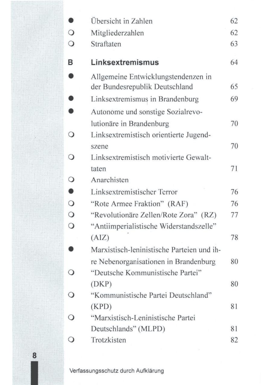 Übersicht in Zahlen 62 oo(r) Mitgliederzahlen Straftaten 62 63 Linksextremismus 64 Allgemeine Entwicklungstendenzen in der Bundesrepublik Deutschland 65 Linksextremismus in Brandenburg 69 Autonome und sonstige Sozialrevolutionäre in Brandenburg 70 oOoo(r)eo Linksextremistisch orientierte Jugendszene 70 Linksextremistisch motivierte Gewalttaten 71 Anarchisten Linksextremistischer Terror 76 "Rote Armee Fraktion" (RAF) 76 "Revolutionäre Zellen/Rote Zora" (RZ) TE: "Antiimperialistische Widerstandszelle" (AIZ) | 78 Marxistisch-leninistische Parteien und ihre Nebenorganisationen in Brandenburg 80 "Deutsche Kommunistische Partei" (DKP) 80 "Kommunistische Partei Deutschland" (KPD) 8 "Marxistisch-Leninistische Partei Deutschlands" (MLPD) 8 Trotzkisten 32 Verfassungsschutz durch Aufklärung