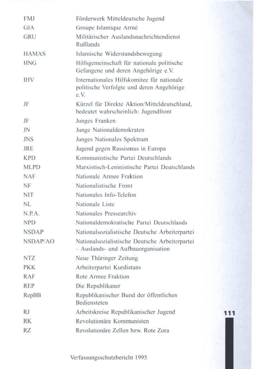 FM] Förderwerk Mitteldeutsche Jugend GIA Groupe Islamique Arme GRU Militärischer Auslandsnachrichtendienst Rußlands HAMAS Islamische Widerstandsbewegung HNG Hilfsgemeinschaft für nationale politische Gefangene und deren Angehörige e.V. IHV Internationales Hilfskomitee für nationale politische Verfolgte und deren Angehörige e.V. JF Kürzel für Direkte Aktion/Mitteldeutschland, bedeutet wahrscheinlich: Jugendfront JF Junges Franken JN Junge Nationaldemokraten INS Junges Nationales Spektrum JRE Jugend gegen Rassismus in Europa KPD Kommunistische Partei Deutschlands MLPD Marxistisch-Leninistische Partei Deutschlands NAF Nationale Armee Fraktion NF Nationalistische Front NIT Nationales Info-Telefon NL Nationale Liste N.PA. Nationales Pressearchiv NPD Nationaldemokratische Partei Deutschlands NSDAP Nationalsozialistische Deutsche Arbeiterpartei NSDAP/AO Nationalsozialistische Deutsche Arbeiterpartei -- Auslandsund Aufbauorganisation NTZ Neue Thüringer Zeitung PKK Arbeiterpartei Kurdistans RAF Rote Armee Fraktion REP Die Republikaner RepBB Republikanischer Bund der öffentlichen Bediensteten RJ Arbeitskreise Republikanischer Jugend 111 RK Revolutionäre Kommunisten RZ Revolutionäre Zellen bzw. Rote Zora Verfassungsschutzbericht 1995