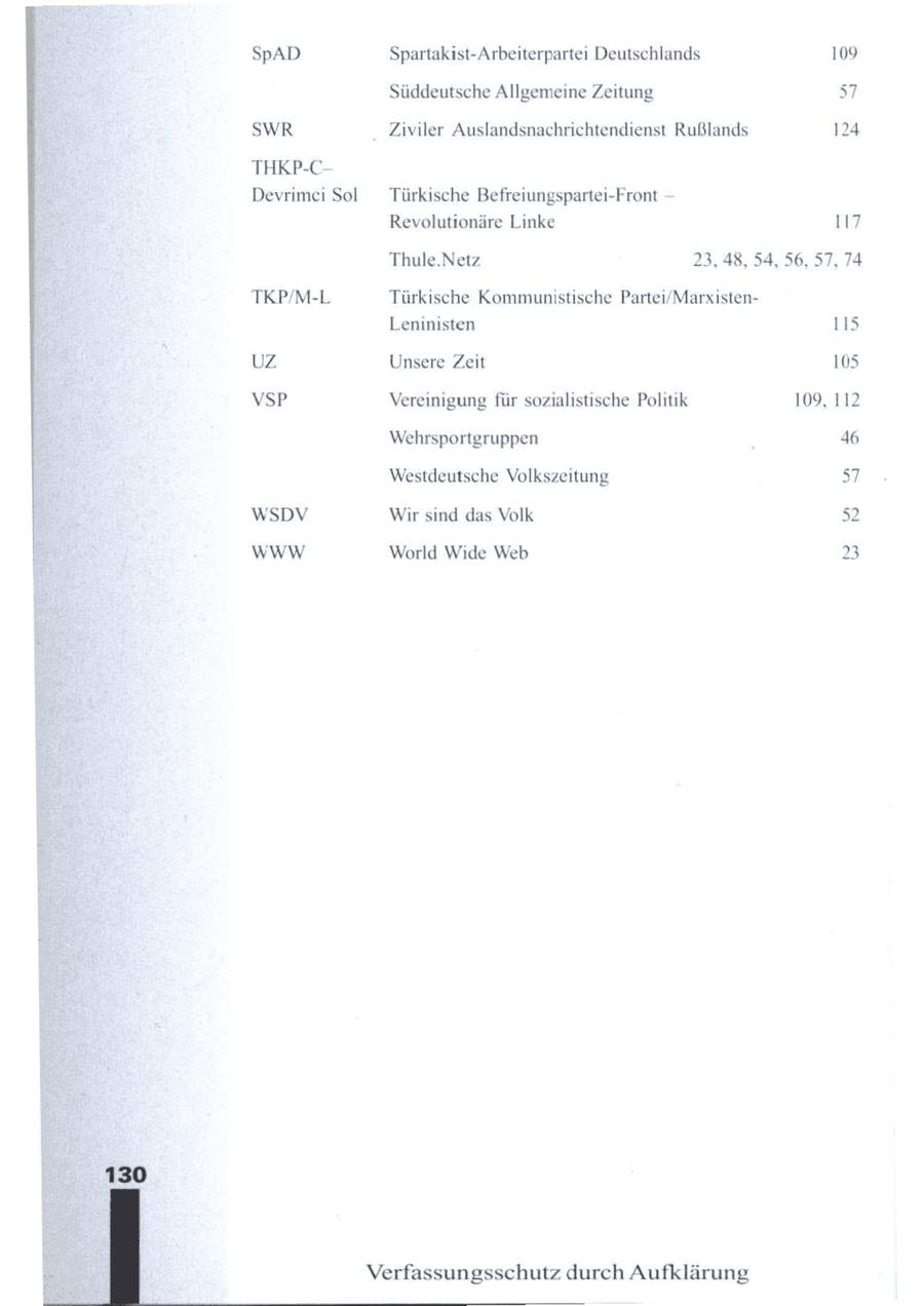 SpAD Spartakist-Arbeiterpartei Deutschlands 109 Süddeutsche Allgemeine Zeitung 57 SWR Zviler Auslandsnachrichtendienst Rußlands 124 THKP-CDevrimei Sol Türkische Befreiungspartei-Front -- Revolutionäre Linke 117 Thule.Netz 23, 48, 54, 56, 57, 74 TKP/M-L Türkische Kommunistische Partei/MarxistenLeninisten 115 UZ Unsere Zeit 105 VSP Vereinigung für sozialistische Politik 109, 112 Wehrsportgruppen 46 Westdeutsche Volkszeitung 57 WSDV Wir sind das Volk 52 WWW World Wide Web 23 Verfassungsschutz durch Aufklärung