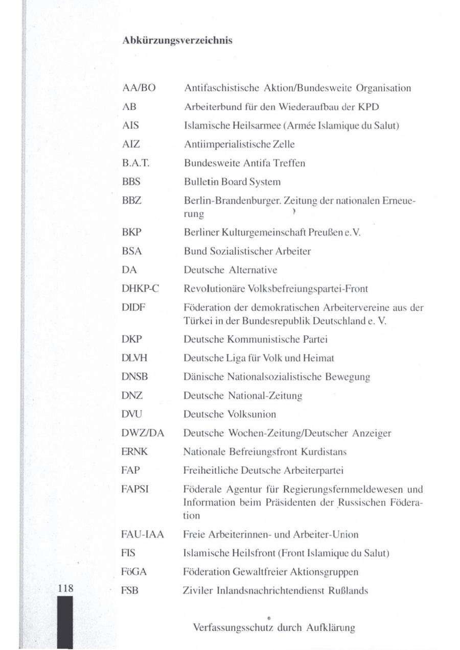 Abkürzungsverzeichnis AA/BO Antifaschistische Aktion/Bundesweite Organisation AB Arbeiterbund für den Wiederaufbau der KPD AIS Islamische Heilsarmee (Armee Islamique duSalut) AIZ Antiimperialistische Zelle B.ATT. Bundesweite Antifa Treffen BBS Bulletin Board System BBZ Berlin-Brandenburger. Zeitung der nationalen Erneuerung ' BKP Berliner Kulturgemeinschaft Preußen e.V. BSA Bund Sozialistischer Arbeiter DA Deutsche Alternative DHKP-C Revolutionäre Volksbefreiungspartei-Front DIDF Föderation der demokratischen Arbeitervereine aus der Türkei in der Bundesrepublik Deutschland e. V. DKP Deutsche Kommunistische Partei DLVH Deutsche Liga für Volk und Heimat DNSB Dänische Nationalsozialistische Bewegung DNZ Deutsche National-Zeitung DVU Deutsche Volksunion DWZ/DA Deutsche Wochen-Zeitung/Deutscher Anzeiger Nationale Befreiungsfront Kurdistans FAP Freiheitliche Deutsche Arbeiterpartei FAPSI Föderale Agentur für Regierungsfernmeldewesen und Information beim Präsidenten der Russischen Föderation FAU-IAA Freie Arbeiterinnenund Arbeiter-Union FIS Islamische Heilsfront (Front Islamique du Salut) FöGA Föderation Gewaltfreier Aktionsgruppen 118 FSB Ziviler Inlandsnachrichtendienst Rußlands Verfassungsschutz durch Aufklärung