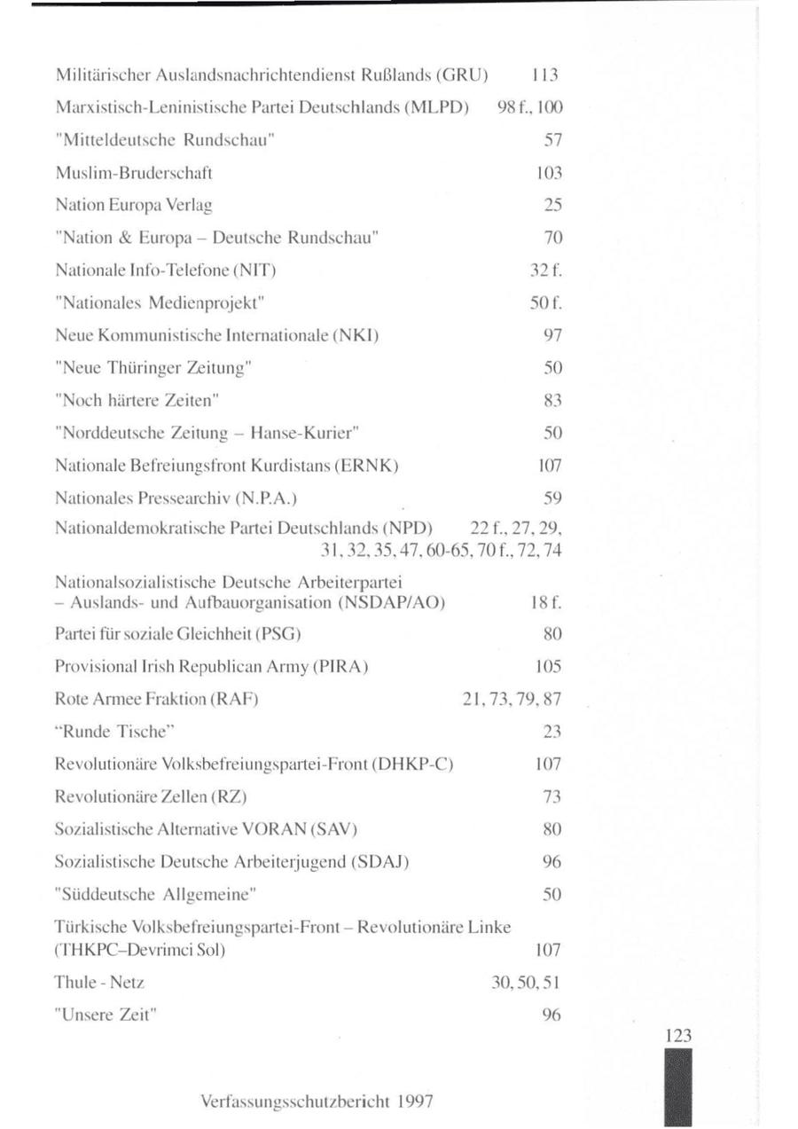 Militärischer Auslandsnachrichtendienst Rußlands (GRU) 113 Marxistisch-Leninistische Partei Deutschlands (MLPD) _98f., 100 "Mitteldeutsche Rundschau" 57 Muslim-Bruderschaft 103 Nation EuropaVerlag 25 "Nation & Europa -- Deutsche Rundschau" 70 Nationale Info-Telefone (NIT) 32f. "Nationales Medienprojekt" sof. Neue Kommunistische Internationale (NKI) 97 "Neue Thüringer Zeitung" 50 "Noch härtere Zeiten" 83 "Norddeutsche Zeitung -- Hanse-Kurier" 50 Nationale Befreiungsfront Kurdistans (ERNK) 107 Nationales Pressearchiv (N.P.A.) 59 Nationaldemokratische Partei Deutschlands (NPD) 22f.,27,29, '47, 60-65, 70 f., Nationalsozialistische Deutsche Arbeiterpartei -- Auslandsund Aufbauorganisation (NSDAP/AO) ISf. Partei für soziale Gleichheit (PSG) 80 Provisional Irish Republican Army (PIRA) 105 Rote Armee Fraktion (RAF) 21,73,79,87 "Runde Tische" 23 Revolutionäre Volksbefreiungspartei-Front (DHKP-C) 107 Revolutionäre Zellen (RZ) 73 Sozialistische Alternative VORAN (SAV) 80 Sozialistische Deutsche Arbeiterjugend (SDAJ) 96 "Süddeutsche Allgemeine" 50 Türkische Volksbefreiungspartei-Front --Revolutionäre Linke (IHKPC-Devrimci Sol) 107 Thule - Netz 30,50,51 "Unsere Zeit" 96 123 Verfassungsschutzbericht 1997