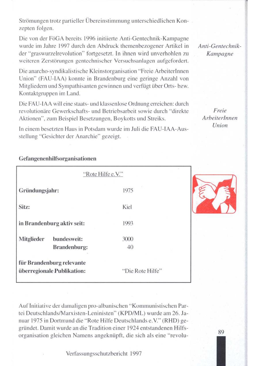 Strömungentrotz partieller Übereinstimmung unterschiedlichen Konzepten folgen. Die von der FöGA bereits 1996 initiierte Ant-Gentechnik-Kampagne wurde im Jahre 1997 durch den Abdruck themenbezogener Artikel in Anti-Gentechnikder "graswurzelrevolution" fortgesetzt. In ihnen wird unverhohlen zu Kampagne weiteren Zerstörungen gentechnischer Versuchsanlagen aufgefordert. Die anarcho-syndikalistische Kleinstorganisation "Freie ArbeiterInnen Union" (FAU-IAA) konnte in Brandenburg eine geringe Anzahl von Mitgliedern und Sympathisanten gewinnen und verfügt über Ortsbzw. Kontaktgruppen imLand. Die FAU-IAA will eine staatsund klassenlose Ordnung erreichen: durch revolutionäre Gewerkschaftsund Betriebsarbeit sowie durch "direkte Freie Aktionen", zum Beispiel Besetzungen, Boykotts und Streiks. ArbeiterInnen Union In einem besetzten Haus in Potsdam wurde im Juli die FAU-IAA-Ausstellung "Gesichter der Anarchie" gezeigt. Gefangenenhilfsorganisationen "Rote Hilfe e.V." Gründungsjahr: 1975 Sitz: Kiel in Brandenburg aktiv seit: 1993 Mitglieder bundesweit: 3000 Brandenburg: 40 für Brandenburg relevante überregionale Publikation: "Die Rote Hilfe" Auf Initiative der damaligen pro-albanischen "Kommunistischen Partei Deutschlands/Marxisten-Leninisten" (KPD/ML) wurde am26. Januar 1975 in Dortmund die "Rote Hilfe Deutschlands e.V." (RHD) gegründet. Damit wurde an die Tradition einer 1924 entstandenen Hilfs89 organisation gleichen Namens angeknüpft, die sich als eine "revoluVerfassungsschutzbericht 1997
