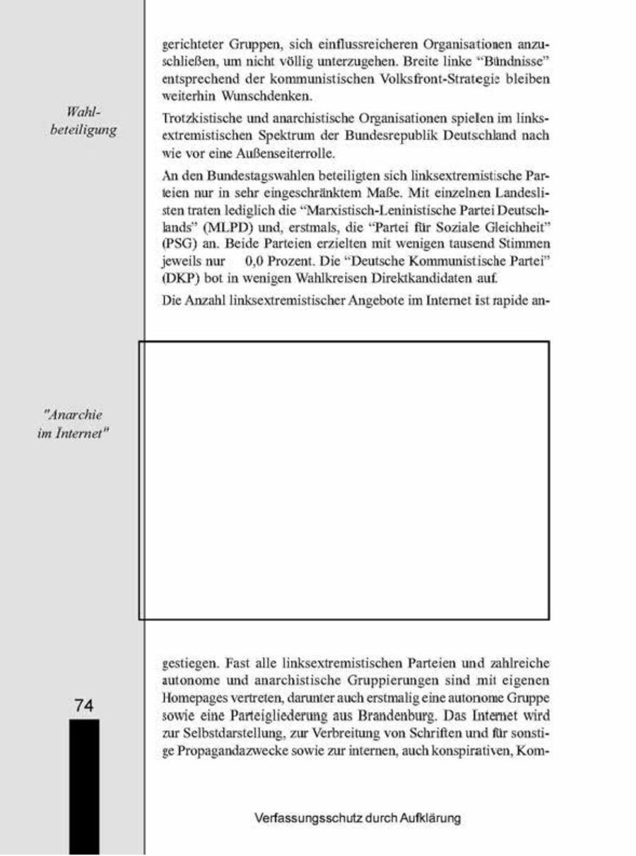 gerichteter Gruppen, sich enflussreicheren Organisationen anzuschließen, um nicht völlig unterzugehen. Breite linke "Bündnisse" entsprechend der kommunistischen Volksfront-Strategie bleiben weiterhin Wunschdenken. WahlTrotzkistische und anarchistische Organisationen spielen im linksbeteiligung. exiremustischen Spektrum der Bundesrepublik Deutschland nach wie vor eine Außenseiterrolle. Anden Bundestagswahlen beteiligten sich linksextremustische Parfeien nur in schr eingeschränktem Maße, Mit einzelnen Landeslsten traten lediglich de "Marsstisch-Lenmistische Parte Deutschhands" (MLPD) und, erstmals, die "Partei für Soziale Gleichheit" (PSG) an. Beide Parteien erzielten mit wenigen tausend Stimmen weils nur 0,0 Prozent. Die "Deutsche Kommunistische Partei" (DKP) bot n wenigen Wahlkreisen Drektkanddaten auf. Die Anzahl linksextremistischer Angebote im Internet ist rapide an"Anarchie im Internet" gestiegen. Fast alle linksexiremistischen Parteien und zahlreiche autonome und anarchistische Gruppierungen snd mt eigenen Homepages vertreten, darunter aucherstmalig eme autonome Gruppe 74 sowie eine Parteigliederung aus Brandenburg. Das Intemet wrd zur Selbstdarstellung, zur Verbreitung von Schriften undfür sonstige Propagandazwecke sowie zur internen, auch konspirativen, KomVerfassungsschutz durch Aufklärung