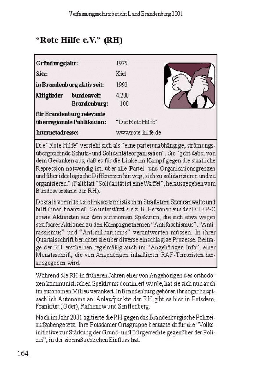 Verfassungsschstzbsricht LandBranderburg2001 "Rote Hilfe e.V." (RH) Gründungsjahr: 1975 Sitz: Kiel jinBrandenburgaktivseit: 1993 Mitglieder bundesweit: 4200 Brandenburg: 100 für Brandenburg relevante [überregionale Publikation: "DieRoteHilfe" Internetadresse: werwerote-hilfe.de Die"Rote Hilfe" versteht sich als "eine parteiunabhängige, srömungs[übergreifende Schutzund Solidantätsorganisation". Sie "geht dabei von] dem Gedankenaus, daß es für die Linke im Kampf gegen die staatliche] [Repression notwendig ist, über alle Parteiund Organisationsgrenzen] [und über ideologische Differenzen hinweg, sichzu solidarisieren und zu] Organisieren" (Faltblatt "Solidaritätisteine Waffel", herausgegeben vom Bundesvorstand der RE). Deshatb vermittelt sielinksextremistischen Straflätern Szeneanwälte und hiflihnen finanziell. So unterstützt se z. B. Personen ausder DHKP-C sowie Aktivisten aus derm autonomen Spektrum, die sich etwa wegen! strafbarer Aktionen zu den Karmpagnethemen "Antifaschiamus", "Anti-) rassismus" und "Antimilitarismus" verantworten müssen. In ihrer] Quartalsschrift berichtet sieüber diverse einschlägige Prozesse. Beiträge der RH erscheinen regelmäßig auch im "Angehörigen Info", einer] [Monatsschrif, die von Angehörigen inhaflierter RAF-Terroristen herausgegeben wird, Wahrend die RH n früheren Jakren eher von Angehongen des orthndo zen kommunistischen Spektrums dominiert wurde hat se sch munauch im autonomen Milheu verankert InB randenburg gehoren hr sogar hauptsachlich Autonome an. Anlaufpunkte der RH gibt es hier n Potsdam Frankfurt(Oder) Rathenowunc Senflenberg Noch m Jahr 2001 agtterte diePH gegen dasBrandenburgische Palrze aufgabengesetz. Ihre: Potsdamer Ortsgruppe benutzte dafür die Volksinttatve zur Starkung der Grund und Bürgerrechte gegenuber der Pol zer' n der aemaßgeblichen Einfluss hat. 164