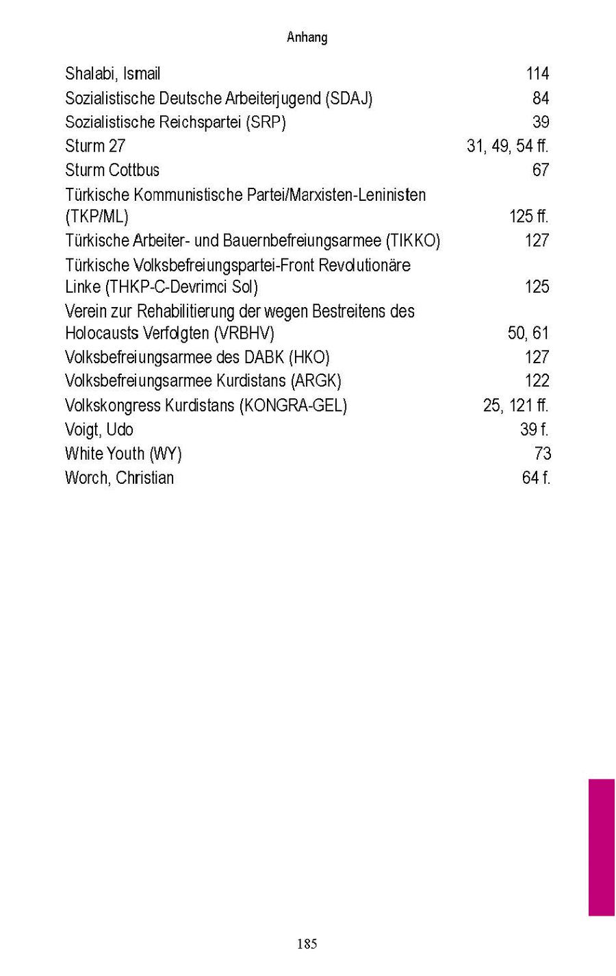 Anhang Shalab, Ismail 114 Sozialistische Deutsche Arbeiterjugend (SDAJ) 84 Sozialistische Reichsparte (SRP) 39 Sturm 27 31, 49, 54 ff Sturm Cottbus 67 Turksche Kommunistische Partei/Marxisten-Leninisten (TKP/ML) 125 ff Turksche Arbeiterund Bauernbefreiungsarmee (TIKKO) 127 Turksche Volksbefreiungspartei-Front Revdlutionare Linke (THKP-C-Devrimc Sol) 125 Verein zur Rehablitierung der wegen Bestreitens des Holocausts Verfolgten (VRBHV) 50, 61 Volksbefreiungsarmee des DABK (HKO) 127 Volksbefreiungsarmee Kurdstans (ARGK) 122 Volkskongress Kurdstans (KONGRA-GEL) 25, 121 ff Voigt, Udo 39f White Youth (WY) 73 Worch, Christian 64f 185