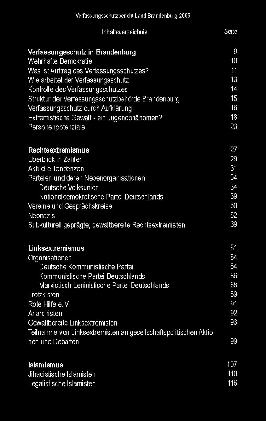 Verfassungsschutzbericht Land Brandenburg 2005 Inhaltsverzeichnis Seite Verfassungsschutz in Brandenburg Wehrhafte Demokratie 10 Wasst Auftrag des Verfassungsschutzes? 11 Wie arbetet der Verfassungsschutz 13 Kontrolle des Verfassungsschutzes 14 Struktur der Verfassungsschutzbehorde Brandenburg 15 Verfassungsschutz durch Aufklarung 16 Extremistische Gewalt - en Jugendphanomen? 18 Personenpotenziale 23 Rechtsextremismus 27 Überblick n Zahlen 29 Aktuelle Tendenzen 31 Parteien und deren Nebenorgansationen 34 Deutsche Volksunon 34 Nationaldemokratische Parte Deutschlands 39 Vereine und Gesprachskreise 50 Neonazs 52 Subkulturell gepragte, gewaltbereite Rechtsextremisten 69 Linksextremismus 81 Organsationen 84 Deutsche Kommunistische Parte 84 Kommunistische Parte Deutschlands 86 Manxistisch-Leninistische Parte Deutschlands 88 Trotzksten 89 Rote Hilfe e V 9 Anarchsten 2 Gewaltbereite Linksextremisten 3 Teilnahme von Linksextremisten an gesellschaftspolitischen Aktonen und Debatten 9 Islamismus 107 Jihadstische Islamisten 110 Legalistische Islamisten 116
