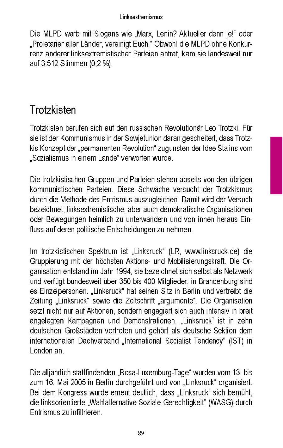 Linksextremismus Die MLPD warb mt Slogans we "Marx, Lenin? Aktueller denn je!" oder "Proletaner aller Lander, vereinigt Euch!" Obwohl die MLPD ohne Konkurrenz anderer linksextremistischer Parteien antrat, kam sie landesweit nur auf 3512 Stimmen (0,2 %) Trotzkisten Trotzksten berufen sch auf den russischen Revolutionar Leo Trotzki Fur sie ist der Kommunismus n der Sowjetunion daran gescheitert, dass Trotzks Konzept der "permanenten Revd ution" zugunsten der Idee Stalns vom "Sozialismus n einem Lande" verworfen wurde Die trotzkstischen Gruppen undParteien stehen abseits von den ubrgen kommunistischen Parteien. Diese Schwache versucht der Trotzksmus durch die Methode des Entnsmus auszugleichen Damit wrd der Versuch bezeichnet, linksextremistische, aber auch demokratische Organsationen oder Bewegungen heimlich zu unterwandern und von innen heraus Einfluss auf deren politische Entscheidungen zu nehmen Im trotzkstischen Spektrum st "Linksruck" (LR, wwwlnksruck de) die Gruppierung mit der höchsten Aktionsund Mobilsierungskraft Die Organsaton entstand m Jahr 1994, se bezeichnetsich selbst als Netzwerk und verfugt bundesweit über 350 bs 400 Mitglieder, n Brandenburg snd es Einzelpersonen "Linksruck" hat seinen Stz n Berlin und vertreibt die Zeitung "Linksruck" sowie die Zeitschrift "argumente" Die Organsaton setzt nicht nur auf Aktionen, sondern engagert sch auch ntensiv n breit angelegten Kampagnen und Demonstrationen "Linksruck" st n zehn deutschen Großstädten vertreten und gehort als deutsche Sektion dem internationalen Dachverband "International Socalist Tendency" (IST) n London an Diealljahrlich stattfindenden "Rosa-Luxemburg-Tage" wurden vom 13 bis zum 16 Ma 2005 n Berlin durchgefuhrt und von "Linksruck" organsiert Be dem Kongress wurde erneut deutlich, dass "Linksruck" sch bemuht, die linksorentierte '"Wahlalternative Soziale Gerechtigkeit' (WASG) durch Entrismus zu nfltrieren 89
