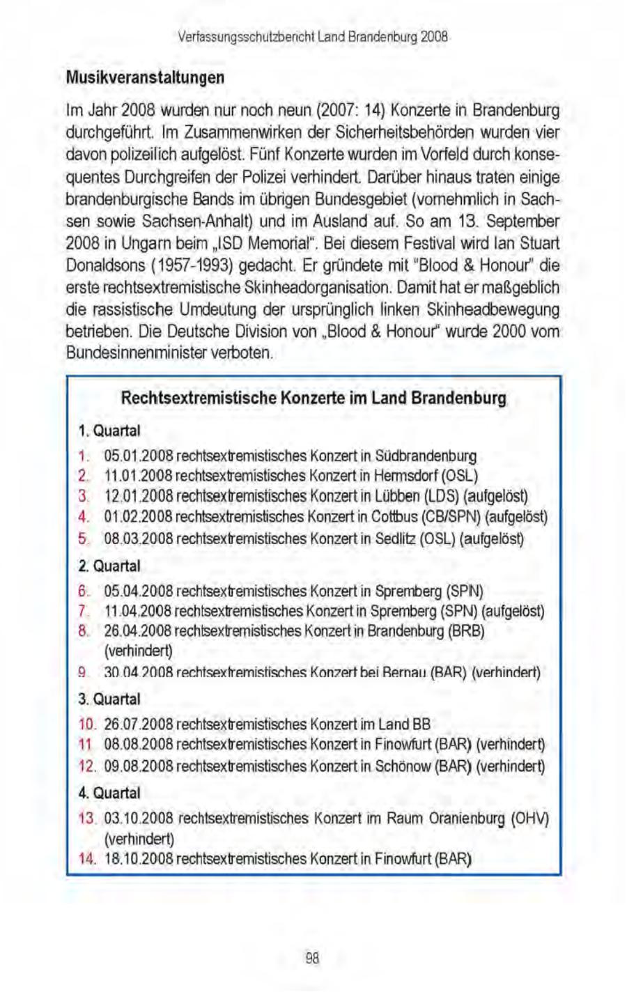Verfassungsschutzbenicht Land Brandenburg 2008 Musikveranstaltungen Im Jahr 2008 wurden nur noch neun (2007: 14) Konzerte in Brandenburg durchgeführt, Im Zusammenwirken der Sicherheitsbehörden wurden vier 'davonpolizeilich aufgelöst. Fünf Konzerte wurden im Vorfeld durch konsequentes Durchgreifen derPolizei verhindert. Darüber hinaustraten einige brandenburgische Bands im übrigen Bundesgebiet (vomehmlich in Sachsen sowie Sachsen-Anhalt) und im Ausland auf. So am 13. September 2008 in Ungarn beim "ISD Memorial'. Bei diesem Festival wird lan Stuart Donaldsons (1957-1993) gedacht. Er gründete mit "Blood & Honour' die erste rechtsextremistische Skinheadorganisation. Damit hat er maßgeblich die rassistische Umdeutung der ursprünglich linken Skinheadbewegung betrieben. Die Deutsche Division von "Blood & Honour" wurde 2000 vom Bundesinnenminister verboten Rechtsextremistische Konzerte im Land Brandenburg 1. Quartal 1. 05.01.2008 rechtsextremistisches Konzert in Südbrandenburg 2. 11.01.2008 rechtsextremistisches Konzert in Hermsdorf (OSL) 3. 12.01.2008 rechtsextremistisches Konzert in Lübben (LDS) (aufgelöst) 4. 01.02.2008 rechtsextremistisches Konzert in Cottbus (CB/SPN) (aufgelöst) 5. 08.03.2008 rechtsextremistisches Konzert in Sedlitz (OSL) (aufgelöst) 2. Quartal 6. 05.04.2008 rechtsextremistisches Konzert in Spremberg (SPIN) 7. 11.04.2008 rechtsextremistisches Konzert in Spremberg (SPN) (aufgelöst) 8. 26.04.2008 rechtsextremistisches Konzert in Brandenburg (BRB) (verhindert) 9 30.04.2008rechtsaxtramistisches Konzert bei Rarna (BAR) (verhindert) 3. Quartal 10. 26.07.2008 rechtsextremistisches Konzert im Land BB 11. 08.08.2008 rechtsextremistisches Konzert in Finowfurt (BAR)(verhindert) 12. 09.08.2008 rechtsextremistisches Konzert in Schönow (BAR)(verhindert) 4. Quartal 13. 03.10.2008 rechtsextremistisches Konzert im Raum Oranienburg (OHV) (verhindert) 14. 18.10.2008 rechtsextremistisches Konzert in Finowfurt (BAR) 38