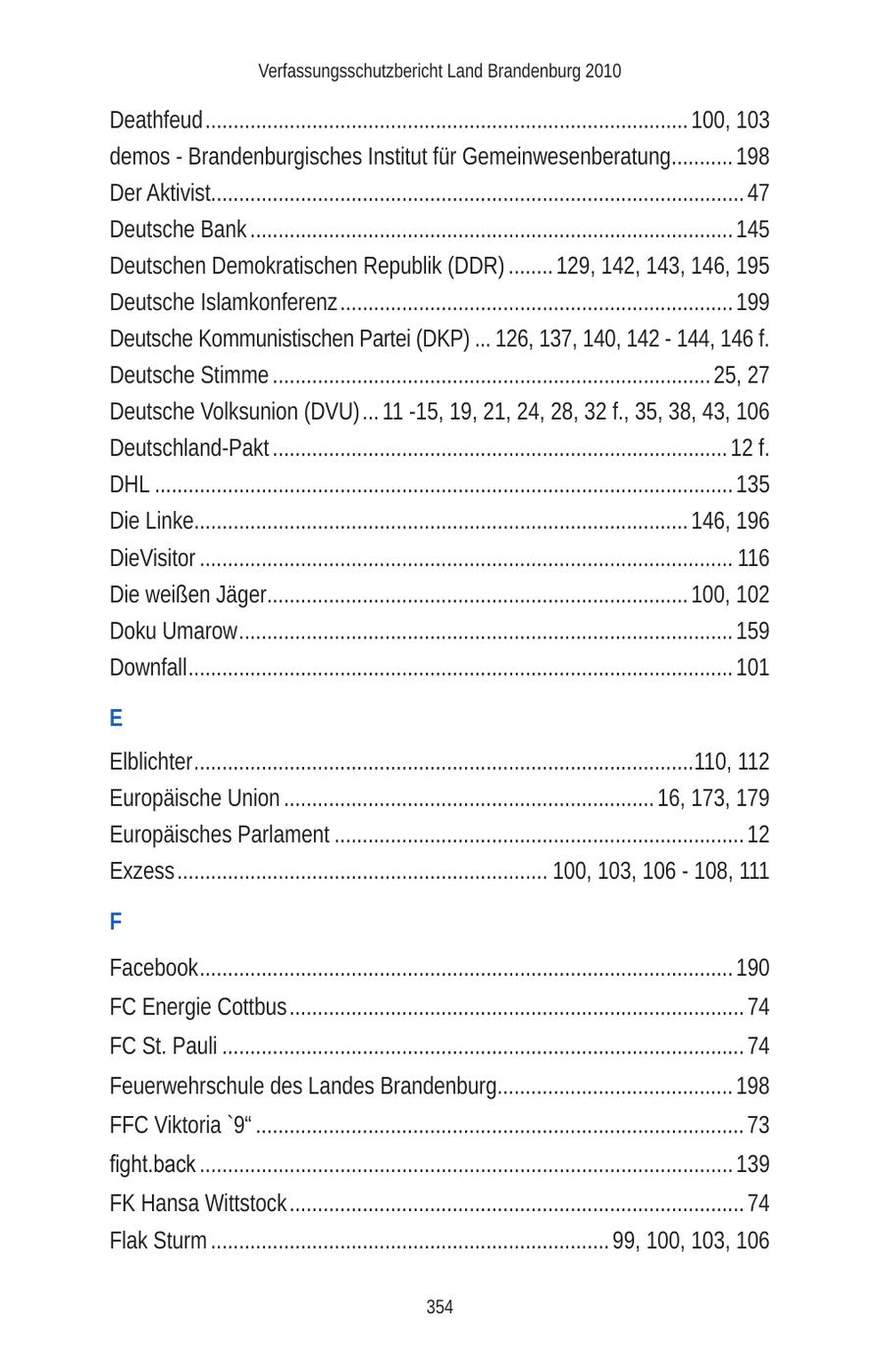 Verfassungsschutzbericht Land Brandenburg 2010 Deathfeud ...................................................................................... 100, 103 demos - Brandenburgisches Institut für Gemeinwesenberatung........... 198 Der Aktivist............................................................................................... 47 Deutsche Bank ...................................................................................... 145 Deutschen Demokratischen Republik (DDR) ........ 129, 142, 143, 146, 195 Deutsche Islamkonferenz ...................................................................... 199 Deutsche Kommunistischen Partei (DKP) ... 126, 137, 140, 142 - 144, 146 f. Deutsche Stimme .............................................................................. 25, 27 Deutsche Volksunion (DVU) ... 11 -15, 19, 21, 24, 28, 32 f., 35, 38, 43, 106 Deutschland-Pakt ................................................................................. 12 f. DHL ....................................................................................................... 135 Die Linke........................................................................................ 146, 196 DieVisitor ............................................................................................... 116 Die weißen Jäger........................................................................... 100, 102 Doku Umarow ........................................................................................ 159 Downfall ................................................................................................. 101 E Elblichter .........................................................................................110, 112 Europäische Union .................................................................. 16, 173, 179 Europäisches Parlament ......................................................................... 12 Exzess .................................................................. 100, 103, 106 - 108, 111 F Facebook ............................................................................................... 190 FC Energie Cottbus ................................................................................. 74 FC St. Pauli ............................................................................................. 74 Feuerwehrschule des Landes Brandenburg.......................................... 198 FFC Viktoria '9" ....................................................................................... 73 fight.back ............................................................................................... 139 FK Hansa Wittstock ................................................................................. 74 Flak Sturm ....................................................................... 99, 100, 103, 106 354