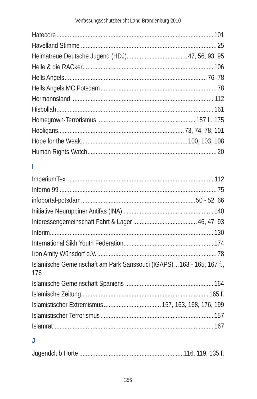 Verfassungsschutzbericht Land Brandenburg 2010 Hatecore ................................................................................................ 101 Havelland Stimme ................................................................................... 25 Heimatreue Deutsche Jugend (HDJ)..................................... 47, 56, 93, 95 Helle & die RACker................................................................................ 106 Hells Angels ....................................................................................... 76, 78 Hells Angels MC Potsdam ....................................................................... 78 Hermannsland ....................................................................................... 112 Hisbollah ................................................................................................ 161 Homegrown-Terrorismus ............................................................ 157 f., 175 Hooligans............................................................................. 73, 74, 78, 101 Hope for the Weak................................................................. 100, 103, 108 Human Rights Watch ............................................................................... 20 I ImperiumTex .......................................................................................... 112 Inferno 99 ................................................................................................ 75 infoportal-potsdam ......................................................................50 - 52, 66 Initiative Neuruppiner Antifas (INA) ....................................................... 140 Interessengemeinschaft Fahrt & Lager ....................................... 46, 47, 93 Interim.................................................................................................... 130 International Sikh Youth Federation....................................................... 174 Iron Amity Wünsdorf e.V. ......................................................................... 78 Islamische Gemeinschaft am Park Sanssouci (IGAPS) ...163 - 165, 167 f., 176 Islamische Gemeinschaft Spaniens ...................................................... 164 Islamische Zeitung.............................................................................. 165 f. Islamistischer Extremismus ................................... 157, 163, 168, 176, 199 Islamistischer Terrorismus ..................................................................... 157 Islamrat .................................................................................................. 167 J Jugendclub Horte ................................................................116, 119, 135 f. 356