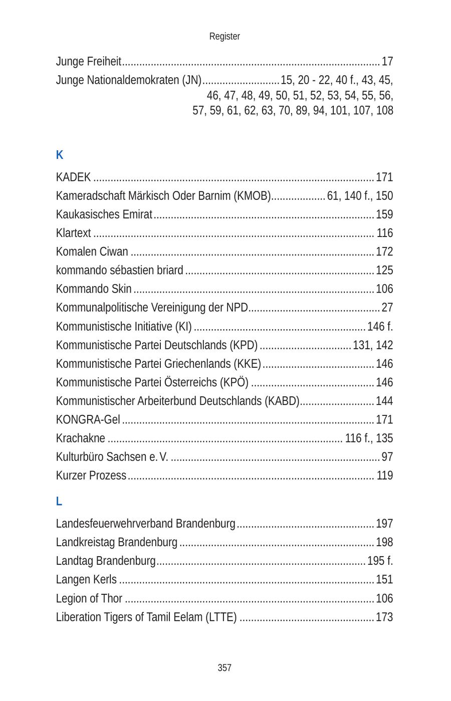 Register Junge Freiheit .......................................................................................... 17 Junge Nationaldemokraten (JN) ...........................15, 20 - 22, 40 f., 43, 45, 46, 47, 48, 49, 50, 51, 52, 53, 54, 55, 56, 57, 59, 61, 62, 63, 70, 89, 94, 101, 107, 108 K KADEK .................................................................................................. 171 Kameradschaft Märkisch Oder Barnim (KMOB)................... 61, 140 f., 150 Kaukasisches Emirat ............................................................................. 159 Klartext .................................................................................................. 116 Komalen Ciwan ..................................................................................... 172 kommando sebastien briard .................................................................. 125 Kommando Skin .................................................................................... 106 Kommunalpolitische Vereinigung der NPD.............................................. 27 Kommunistische Initiative (KI) ............................................................ 146 f. Kommunistische Partei Deutschlands (KPD) ................................ 131, 142 Kommunistische Partei Griechenlands (KKE) ....................................... 146 Kommunistische Partei Österreichs (KPÖ) ........................................... 146 Kommunistischer Arbeiterbund Deutschlands (KABD).......................... 144 KONGRA-Gel ........................................................................................ 171 Krachakne .................................................................................. 116 f., 135 Kulturbüro Sachsen e. V. ......................................................................... 97 Kurzer Prozess ...................................................................................... 119 L Landesfeuerwehrverband Brandenburg ................................................ 197 Landkreistag Brandenburg .................................................................... 198 Landtag Brandenburg ......................................................................... 195 f. Langen Kerls ......................................................................................... 151 Legion of Thor ....................................................................................... 106 Liberation Tigers of Tamil Eelam (LTTE) ............................................... 173 357