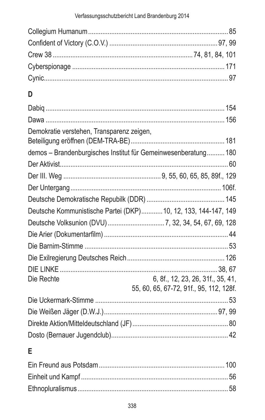 Verfassungsschutzbericht Land Brandenburg 2014 Collegium Humanum ............................................................................... 85 Confident of Victory (C.O.V.) ............................................................. 97, 99 Crew 38 ............................................................................... 74, 81, 84, 101 Cyberspionage ...................................................................................... 171 Cynic........................................................................................................ 97 D Dabiq ..................................................................................................... 154 Dawa ..................................................................................................... 156 Demokratie verstehen, Transparenz zeigen, Beteiligung eröffnen (DEM-TRA-BE) ..................................................... 181 demos - Brandenburgisches Institut für Gemeinwesenberatung .......... 180 Der Aktivist............................................................................................... 60 Der III. Weg ....................................................... 9, 55, 60, 65, 85, 89f., 129 Der Untergang ..................................................................................... 106f. Deutsche Demokratische Repubilk (DDR) ............................................ 145 Deutsche Kommunistische Partei (DKP) ............10, 12, 133, 144-147, 149 Deutsche Volksunion (DVU) ................................ 7, 32, 34, 54, 67, 69, 128 Die Arier (Dokumentarfilm) ...................................................................... 44 Die Barnim-Stimme ................................................................................. 53 Die Exilregierung Deutsches Reich ....................................................... 126 DIE LINKE ......................................................................................... 38, 67 Die Rechte 6, 8f., 12, 23, 26, 31f., 35, 41, 55, 60, 65, 67-72, 91f., 95, 112, 128f. Die Uckermark-Stimme ........................................................................... 53 Die Weißen Jäger (D.W.J.) ................................................................ 97, 99 Direkte Aktion/Mitteldeutschland (JF) ...................................................... 80 Dosto (Bernauer Jugendclub).................................................................. 42 E Ein Freund aus Potsdam ....................................................................... 100 Einheit und Kampf ................................................................................... 56 Ethnopluralismus ..................................................................................... 58 338