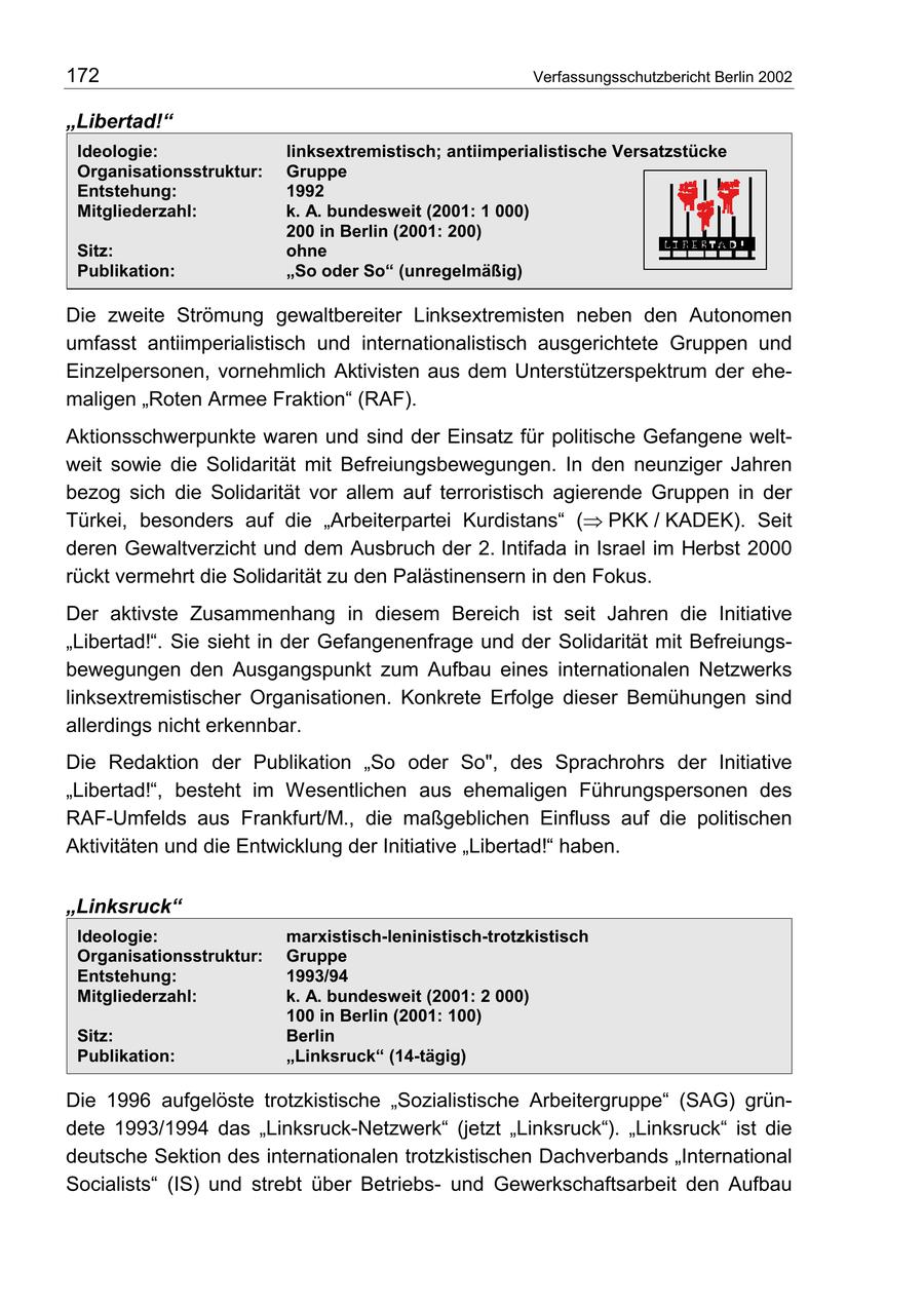 172 Verfassungsschutzbericht Berlin 2002 "Libertad!" Ideologie: linksextremistisch; antiimperialistische Versatzstücke Organisationsstruktur: Gruppe Entstehung: 1992 Mitgliederzahl: k. A. bundesweit (2001: 1 000) 200 in Berlin (2001: 200) Sitz: ohne Publikation: "So oder So" (unregelmäßig) Die zweite Strömung gewaltbereiter Linksextremisten neben den Autonomen umfasst antiimperialistisch und internationalistisch ausgerichtete Gruppen und Einzelpersonen, vornehmlich Aktivisten aus dem Unterstützerspektrum der ehemaligen "Roten Armee Fraktion" (RAF). Aktionsschwerpunkte waren und sind der Einsatz für politische Gefangene weltweit sowie die Solidarität mit Befreiungsbewegungen. In den neunziger Jahren bezog sich die Solidarität vor allem auf terroristisch agierende Gruppen in der Türkei, besonders auf die "Arbeiterpartei Kurdistans" ( PKK / KADEK). Seit deren Gewaltverzicht und dem Ausbruch der 2. Intifada in Israel im Herbst 2000 rückt vermehrt die Solidarität zu den Palästinensern in den Fokus. Der aktivste Zusammenhang in diesem Bereich ist seit Jahren die Initiative "Libertad!". Sie sieht in der Gefangenenfrage und der Solidarität mit Befreiungsbewegungen den Ausgangspunkt zum Aufbau eines internationalen Netzwerks linksextremistischer Organisationen. Konkrete Erfolge dieser Bemühungen sind allerdings nicht erkennbar. Die Redaktion der Publikation "So oder So", des Sprachrohrs der Initiative "Libertad!", besteht im Wesentlichen aus ehemaligen Führungspersonen des RAF-Umfelds aus Frankfurt/M., die maßgeblichen Einfluss auf die politischen Aktivitäten und die Entwicklung der Initiative "Libertad!" haben. "Linksruck" Ideologie: marxistisch-leninistisch-trotzkistisch Organisationsstruktur: Gruppe Entstehung: 1993/94 Mitgliederzahl: k. A. bundesweit (2001: 2 000) 100 in Berlin (2001: 100) Sitz: Berlin Publikation: "Linksruck" (14-tägig) Die 1996 aufgelöste trotzkistische "Sozialistische Arbeitergruppe" (SAG) gründete 1993/1994 das "Linksruck-Netzwerk" (jetzt "Linksruck"). "Linksruck" ist die deutsche Sektion des internationalen trotzkistischen Dachverbands "International Socialists" (IS) und strebt über Betriebsund Gewerkschaftsarbeit den Aufbau