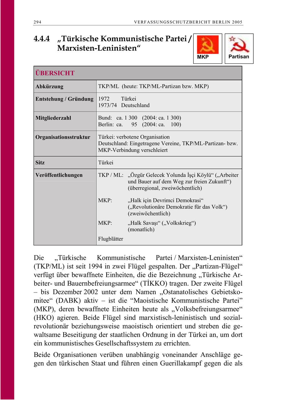 294 V E R F AS S U N GS S C H U TZ B E R I C H T B E R L I N 2 0 0 5 4.4.4 "Türkische Kommunistische Partei / Marxisten-Leninisten" MKP Partisan ÜBERSICHT Abkürzung TKP/ML (heute: TKP/ML-Partizan bzw. MKP) Entstehung / Gründung 1972 Türkei 1973/74 Deutschland Mitgliederzahl Bund: ca. 1 300 (2004: ca. 1 300) Berlin: ca. 95 (2004: ca. 100) Organisationsstruktur Türkei: verbotene Organisation Deutschland: Eingetragene Vereine, TKP/ML-Partizanbzw. MKP-Verbindung verschleiert Sitz Türkei Veröffentlichungen TKP / ML: Özgür Gelecek Yolunda Isci Köylü (Arbeiter und Bauer auf dem Weg zur freien Zukunft") (überregional, zweiwöchentlich) MKP: "Halk icin Devrimci Demokrasi" ("Revolutionäre Demokratie für das Volk") (zweiwöchentlich) MKP: Halk Savas (Volkskrieg) (monatlich) Flugblätter Die "Türkische Kommunistische Partei / Marxisten-Leninisten" (TKP/ML) ist seit 1994 in zwei Flügel gespalten. Der "Partizan-Flügel" verfügt über bewaffnete Einheiten, die die Bezeichnung "Türkische Arbeiterund Bauernbefreiungsarmee (TIKKO) tragen. Der zweite Flügel - bis Dezember 2002 unter dem Namen "Ostanatolisches Gebietskomitee" (DABK) aktiv - ist die "Maoistische Kommunistische Partei" (MKP), deren bewaffnete Einheiten heute als "Volksbefreiungsarmee" (HKO) agieren. Beide Flügel sind marxistisch-leninistisch und sozialrevolutionär beziehungsweise maoistisch orientiert und streben die gewaltsame Beseitigung der staatlichen Ordnung in der Türkei an, um dort ein kommunistisches Gesellschaftssystem zu errichten. Beide Organisationen verüben unabhängig voneinander Anschläge gegen den türkischen Staat und führen einen Guerillakampf gegen die als