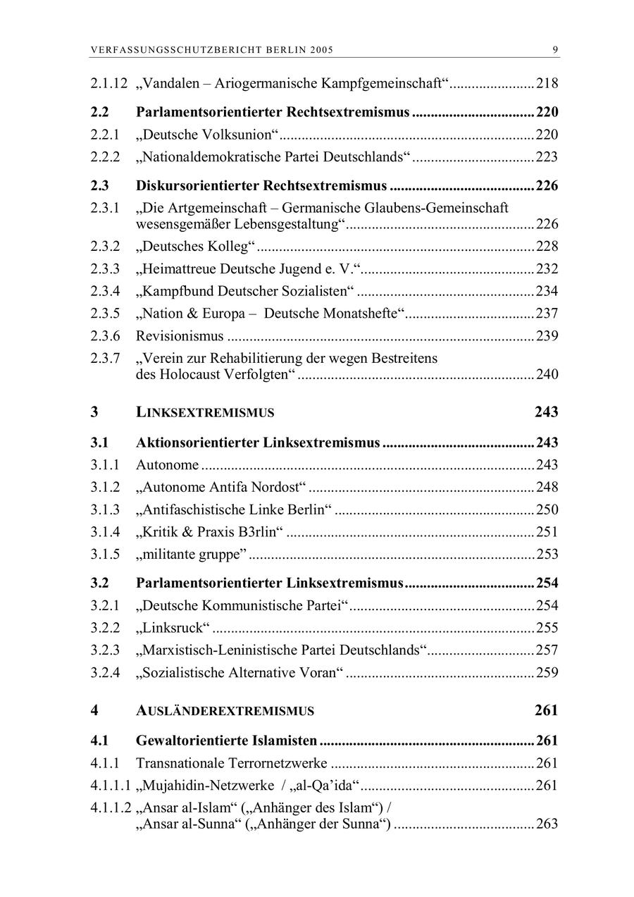 V E R F AS S U N GS S C H U TZ B E R I C H T B E R L I N 2 0 0 5 9 2.1.12 "Vandalen - Ariogermanische Kampfgemeinschaft".......................218 2.2 Parlamentsorientierter Rechtsextremismus .................................220 2.2.1 "Deutsche Volksunion".....................................................................220 2.2.2 "Nationaldemokratische Partei Deutschlands" .................................223 2.3 Diskursorientierter Rechtsextremismus .......................................226 2.3.1 "Die Artgemeinschaft - Germanische Glaubens-Gemeinschaft wesensgemäßer Lebensgestaltung"...................................................226 2.3.2 "Deutsches Kolleg" ...........................................................................228 2.3.3 "Heimattreue Deutsche Jugend e. V."...............................................232 2.3.4 "Kampfbund Deutscher Sozialisten" ................................................234 2.3.5 "Nation & Europa - Deutsche Monatshefte"...................................237 2.3.6 Revisionismus ...................................................................................239 2.3.7 "Verein zur Rehabilitierung der wegen Bestreitens des Holocaust Verfolgten" ................................................................240 3 LINKSEXTREMISMUS 243 3.1 Aktionsorientierter Linksextremismus .........................................243 3.1.1 Autonome ..........................................................................................243 3.1.2 "Autonome Antifa Nordost" .............................................................248 3.1.3 "Antifaschistische Linke Berlin" ......................................................250 3.1.4 "Kritik & Praxis B3rlin" ...................................................................251 3.1.5 "militante gruppe" .............................................................................253 3.2 Parlamentsorientierter Linksextremismus...................................254 3.2.1 "Deutsche Kommunistische Partei"..................................................254 3.2.2 "Linksruck" .......................................................................................255 3.2.3 "Marxistisch-Leninistische Partei Deutschlands".............................257 3.2.4 "Sozialistische Alternative Voran" ...................................................259 4 AUSLÄNDEREXTREMISMUS 261 4.1 Gewaltorientierte Islamisten ..........................................................261 4.1.1 Transnationale Terrornetzwerke .......................................................261 4.1.1.1 "Mujahidin-Netzwerke / "al-Qa'ida"...............................................261 4.1.1.2 "Ansar al-Islam" ("Anhänger des Islam") / "Ansar al-Sunna" ("Anhänger der Sunna") ......................................263