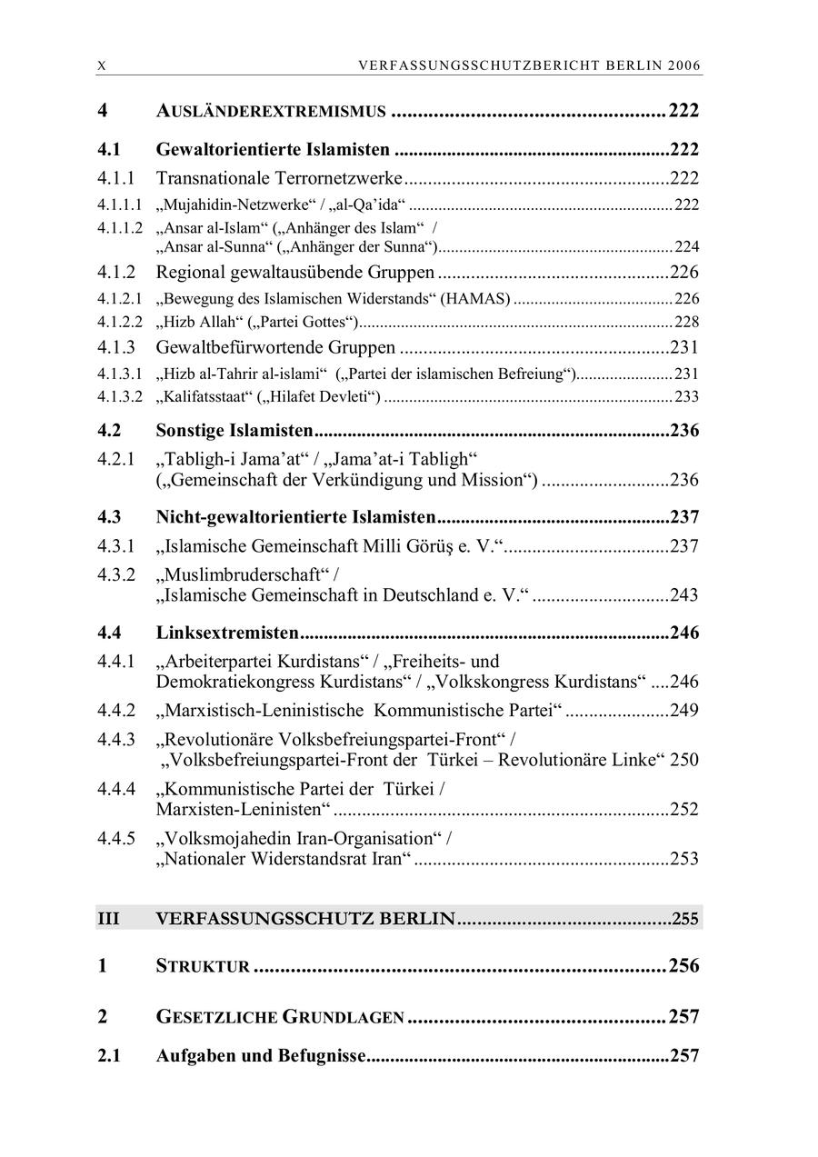 X VE R F ASSU N GSSC HUT Z B E R IC HT B E RL IN 2 0 0 6 4 AUSLÄNDEREXTREMISMUS .................................................... 222 4.1 Gewaltorientierte Islamisten ..........................................................222 4.1.1 Transnationale Terrornetzwerke........................................................222 4.1.1.1 "Mujahidin-Netzwerke" / "al-Qa'ida" ............................................................... 222 4.1.1.2 "Ansar al-Islam" ("Anhänger des Islam" / "Ansar al-Sunna" ("Anhänger der Sunna")........................................................ 224 4.1.2 Regional gewaltausübende Gruppen .................................................226 4.1.2.1 "Bewegung des Islamischen Widerstands" (HAMAS) ...................................... 226 4.1.2.2 "Hizb Allah" ("Partei Gottes")........................................................................... 228 4.1.3 Gewaltbefürwortende Gruppen .........................................................231 4.1.3.1 "Hizb al-Tahrir al-islami" ("Partei der islamischen Befreiung")....................... 231 4.1.3.2 "Kalifatsstaat" ("Hilafet Devleti") ..................................................................... 233 4.2 Sonstige Islamisten...........................................................................236 4.2.1 "Tabligh-i Jama'at" / "Jama'at-i Tabligh" ("Gemeinschaft der Verkündigung und Mission") ...........................236 4.3 Nicht-gewaltorientierte Islamisten.................................................237 4.3.1 Islamische Gemeinschaft Milli Görüs e. V....................................237 4.3.2 "Muslimbruderschaft" / "Islamische Gemeinschaft in Deutschland e. V." .............................243 4.4 Linksextremisten..............................................................................246 4.4.1 "Arbeiterpartei Kurdistans" / "Freiheitsund Demokratiekongress Kurdistans" / "Volkskongress Kurdistans" ....246 4.4.2 "Marxistisch-Leninistische Kommunistische Partei" ......................249 4.4.3 "Revolutionäre Volksbefreiungspartei-Front" / "Volksbefreiungspartei-Front der Türkei - Revolutionäre Linke" 250 4.4.4 "Kommunistische Partei der Türkei / Marxisten-Leninisten" .......................................................................252 4.4.5 "Volksmojahedin Iran-Organisation" / "Nationaler Widerstandsrat Iran" ......................................................253 III VERFASSUNGSSCHUTZ BERLIN...........................................255 1 STRUKTUR .............................................................................. 256 2 GESETZLICHE GRUNDLAGEN ................................................. 257 2.1 Aufgaben und Befugnisse................................................................257
