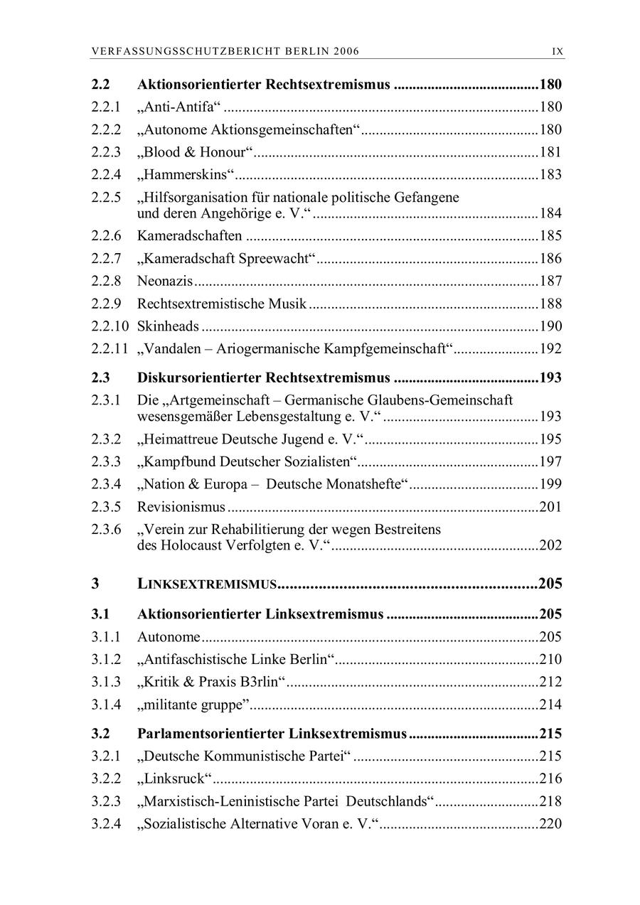 VE R F ASSU N GSSC HUT Z B E R IC HT B E RL IN 2 0 0 6 IX 2.2 Aktionsorientierter Rechtsextremismus .......................................180 2.2.1 "Anti-Antifa" .....................................................................................180 2.2.2 "Autonome Aktionsgemeinschaften"................................................180 2.2.3 "Blood & Honour".............................................................................181 2.2.4 "Hammerskins"..................................................................................183 2.2.5 "Hilfsorganisation für nationale politische Gefangene und deren Angehörige e. V." .............................................................184 2.2.6 Kameradschaften ...............................................................................185 2.2.7 "Kameradschaft Spreewacht"............................................................186 2.2.8 Neonazis.............................................................................................187 2.2.9 Rechtsextremistische Musik ..............................................................188 2.2.10 Skinheads ...........................................................................................190 2.2.11 "Vandalen - Ariogermanische Kampfgemeinschaft".......................192 2.3 Diskursorientierter Rechtsextremismus .......................................193 2.3.1 Die "Artgemeinschaft - Germanische Glaubens-Gemeinschaft wesensgemäßer Lebensgestaltung e. V." ..........................................193 2.3.2 "Heimattreue Deutsche Jugend e. V."...............................................195 2.3.3 "Kampfbund Deutscher Sozialisten".................................................197 2.3.4 "Nation & Europa - Deutsche Monatshefte"...................................199 2.3.5 Revisionismus ....................................................................................201 2.3.6 "Verein zur Rehabilitierung der wegen Bestreitens des Holocaust Verfolgten e. V."........................................................202 3 LINKSEXTREMISMUS...............................................................205 3.1 Aktionsorientierter Linksextremismus .........................................205 3.1.1 Autonome...........................................................................................205 3.1.2 "Antifaschistische Linke Berlin".......................................................210 3.1.3 "Kritik & Praxis B3rlin"....................................................................212 3.1.4 "militante gruppe"..............................................................................214 3.2 Parlamentsorientierter Linksextremismus ...................................215 3.2.1 "Deutsche Kommunistische Partei" ..................................................215 3.2.2 "Linksruck"........................................................................................216 3.2.3 "Marxistisch-Leninistische Partei Deutschlands"............................218 3.2.4 "Sozialistische Alternative Voran e. V."...........................................220