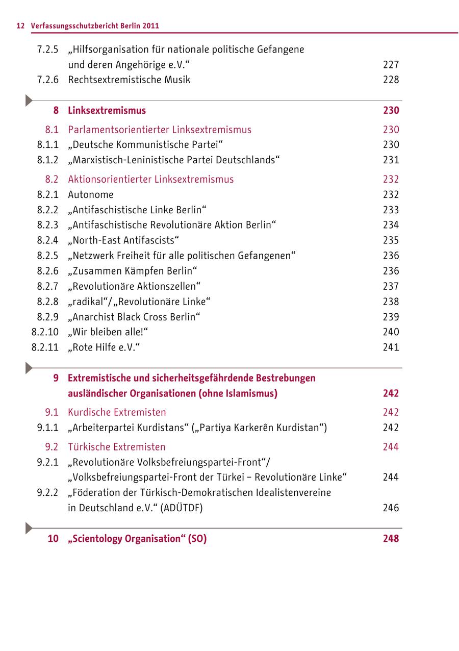 12 Verfassungsschutzbericht Berlin 2011 7.2.5 "Hilfsorganisation für nationale politische Gefangene und deren Angehörige e. V." 227 7.2.6 Rechtsextremistische Musik 228 8 Linksextremismus 230 8.1 Parlamentsorientierter Linksextremismus 230 8.1.1 "Deutsche Kommunistische Partei" 230 8.1.2 "Marxistisch-Leninistische Partei Deutschlands" 231 8.2 Aktionsorientierter Linksextremismus 232 8.2.1 Autonome 232 8.2.2 "Antifaschistische Linke Berlin" 233 8.2.3 "Antifaschistische Revolutionäre Aktion Berlin" 234 8.2.4 "North-East Antifascists" 235 8.2.5 "Netzwerk Freiheit für alle politischen Gefangenen" 236 8.2.6 "Zusammen Kämpfen Berlin" 236 8.2.7 "Revolutionäre Aktionszellen" 237 8.2.8 "radikal"/ "Revolutionäre Linke" 238 8.2.9 "Anarchist Black Cross Berlin" 239 8.2.10 "Wir bleiben alle!" 240 8.2.11 "Rote Hilfe e. V." 241 9 Extremistische und sicherheitsgefährdende Bestrebungen ausländischer Organisationen (ohne Islamismus) 242 9.1 Kurdische Extremisten 242 9.1.1 "Arbeiterpartei Kurdistans" ("Partiya Karkeren Kurdistan") 242 9.2 Türkische Extremisten 244 9.2.1 "Revolutionäre Volksbefreiungspartei-Front"/ "Volksbefreiungspartei-Front der Türkei - Revolutionäre Linke" 244 9.2.2 "Föderation der Türkisch-Demokratischen Idealistenvereine in Deutschland e. V." (ADÜTDF) 246 10 "Scientology Organisation" (SO) 248