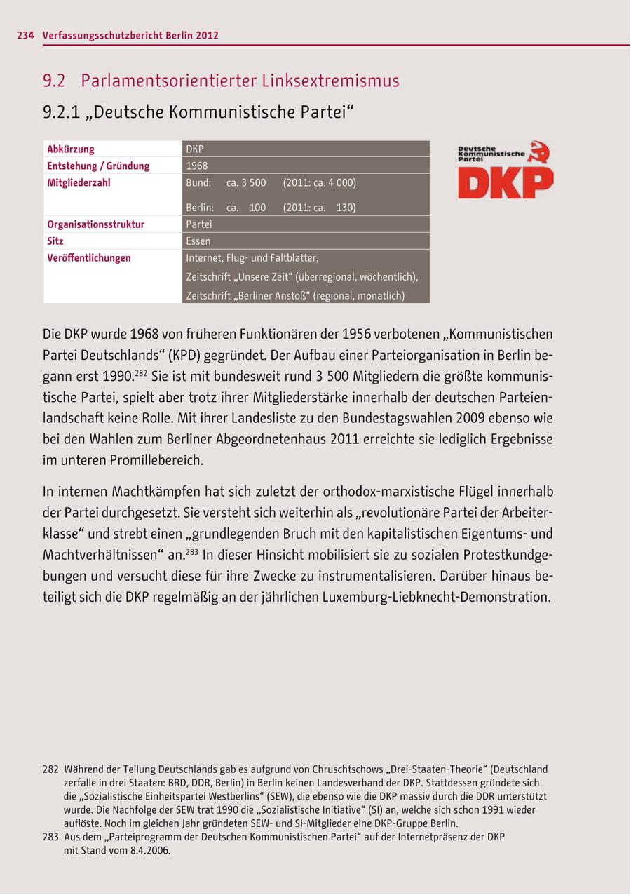 234 Verfassungsschutzbericht Berlin 2012 9.2 Parlamentsorientierter Linksextremismus 9.2.1 "Deutsche Kommunistische Partei" Abkürzung DKP Entstehung / Gründung 1968 Mitgliederzahl Bund: ca. 3 500 (2011: ca. 4 000) Berlin: ca. 100 (2011: ca. 130) Organisationsstruktur Partei Sitz Essen Veröffentlichungen Internet, Flugund Faltblätter, Zeitschrift "Unsere Zeit" (überregional, wöchentlich), Zeitschrift "Berliner Anstoß" (regional, monatlich) Die DKP wurde 1968 von früheren Funktionären der 1956 verbotenen "Kommunistischen Partei Deutschlands" (KPD) gegründet. Der Aufbau einer Parteiorganisation in Berlin begann erst 1990.282 Sie ist mit bundesweit rund 3 500 Mitgliedern die größte kommunistische Partei, spielt aber trotz ihrer Mitgliederstärke innerhalb der deutschen Parteienlandschaft keine Rolle. Mit ihrer Landesliste zu den Bundestagswahlen 2009 ebenso wie bei den Wahlen zum Berliner Abgeordnetenhaus 2011 erreichte sie lediglich Ergebnisse im unteren Promillebereich. In internen Machtkämpfen hat sich zuletzt der orthodox-marxistische Flügel innerhalb der Partei durchgesetzt. Sie versteht sich weiterhin als "revolutionäre Partei der Arbeiterklasse" und strebt einen "grundlegenden Bruch mit den kapitalistischen Eigentumsund Machtverhältnissen" an.283 In dieser Hinsicht mobilisiert sie zu sozialen Protestkundgebungen und versucht diese für ihre Zwecke zu instrumentalisieren. Darüber hinaus beteiligt sich die DKP regelmäßig an der jährlichen Luxemburg-Liebknecht-Demonstration. 282 Während der Teilung Deutschlands gab es aufgrund von Chruschtschows "Drei-Staaten-Theorie" (Deutschland zerfalle in drei Staaten: BRD, DDR, Berlin) in Berlin keinen Landesverband der DKP. Stattdessen gründete sich die "Sozialistische Einheitspartei Westberlins" (SEW), die ebenso wie die DKP massiv durch die DDR unterstützt wurde. Die Nachfolge der SEW trat 1990 die "Sozialistische Initiative" (SI) an, welche sich schon 1991 wieder auflöste. Noch im gleichen Jahr gründeten SEWund SI-Mitglieder eine DKP-Gruppe Berlin. 283 Aus dem "Parteiprogramm der Deutschen Kommunistischen Partei" auf der Internetpräsenz der DKP mit Stand vom 8.4.2006.