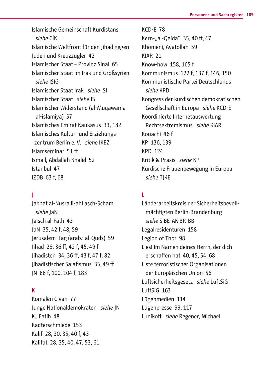 Personenund Sachregister 189 Islamische Gemeinschaft Kurdistans KCD-E 78 siehe CIK Kern-"al-Qaida" 35, 40 ff, 47 Islamische Weltfront für den Jihad gegen Khomeni, Ayatollah 59 Juden und Kreuzzügler 42 KIAR 21 Islamischer Staat - Provinz Sinai 65 Know-how 158, 165 f Islamischer Staat im Irak und Großsyrien Kommunismus 122 f, 137 f, 146, 150 siehe ISIG Kommunistische Partei Deutschlands Islamischer Staat Irak siehe ISI siehe KPD Islamischer Staat siehe IS Kongress der kurdischen demokratischen Islamischer Widerstand (al-Muqawama Gesellschaft in Europa siehe KCD-E al-islamiya) 57 Koordinierte Internetauswertung Islamisches Emirat Kaukasus 33, 182 Rechtsextremismus siehe KIAR Islamisches Kulturund ErziehungsKouachi 46 f zentrum Berlin e. V. siehe IKEZ KP 136, 139 Islamseminar 51 ff KPD 124 Ismail, Abdallah Khalid 52 Kritik & Praxis siehe KP Istanbul 47 Kurdische Frauenbewegung in Europa IZDB 63 f, 68 siehe TJKE J L Jabhat al-Nusra li-ahl asch-Scham Länderarbeitskreis der Sicherheitsbevollsiehe JaN mächtigten Berlin-Brandenburg Jaisch al-Fath 43 siehe SIBE-AK BR-BB JaN 35, 42 f, 48, 59 Legalresidenturen 158 Jerusalem-Tag (arab.: al-Quds) 59 Legion of Thor 98 Jihad 29, 36 ff, 42 f, 45, 49 f Lies! Im Namen deines Herrn, der dich Jihadisten 34, 36 ff, 43 f, 47 f, 82 erschaffen hat 40, 45, 54, 68 Jihadistischer Salafismus 35, 49 ff Liste terroristischer Organisationen JN 88 f, 100, 104 f, 183 der Europäischen Union 56 Luftsicherheitsgesetz siehe LuftSiG K LuftSiG 163 Komalen Civan 77 Lügenmedien 114 Junge Nationaldemokraten siehe JN Lügenpresse 99, 117 K., Fatih 48 Lunikoff siehe Regener, Michael Kadterschmiede 153 Kalif 28, 30, 35, 40 f, 43 Kalifat 28, 35, 40, 47, 53, 61