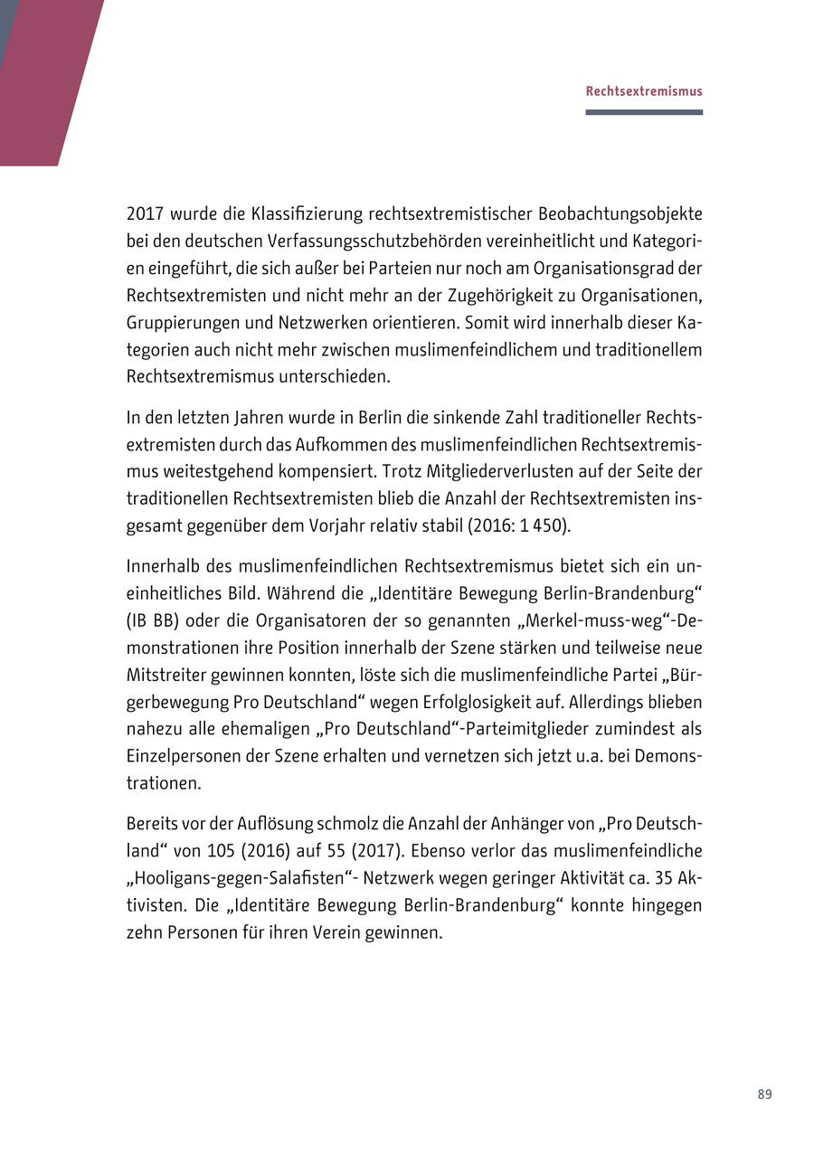 Rechtsextremismus 2017 wurde die Klassifizierung rechtsextremistischer Beobachtungsobjekte bei den deutschen Verfassungsschutzbehörden vereinheitlicht und Kategorien eingeführt, die sich außer bei Parteien nur noch am Organisationsgrad der Rechtsextremisten und nicht mehr an der Zugehörigkeit zu Organisationen, Gruppierungen und Netzwerken orientieren. Somit wird innerhalb dieser Kategorien auch nicht mehr zwischen muslimenfeindlichem und traditionellem Rechtsextremismus unterschieden. In den letzten Jahren wurde in Berlin die sinkende Zahl traditioneller Rechtsextremisten durch das Aufkommen des muslimenfeindlichen Rechtsextremismus weitestgehend kompensiert. Trotz Mitgliederverlusten auf der Seite der traditionellen Rechtsextremisten blieb die Anzahl der Rechtsextremisten insgesamt gegenüber dem Vorjahr relativ stabil (2016: 1 450). Innerhalb des muslimenfeindlichen Rechtsextremismus bietet sich ein uneinheitliches Bild. Während die "Identitäre Bewegung Berlin-Brandenburg" (IB BB) oder die Organisatoren der so genannten "Merkel-muss-weg"-Demonstrationen ihre Position innerhalb der Szene stärken und teilweise neue Mitstreiter gewinnen konnten, löste sich die muslimenfeindliche Partei "Bürgerbewegung Pro Deutschland" wegen Erfolglosigkeit auf. Allerdings blieben nahezu alle ehemaligen "Pro Deutschland"-Parteimitglieder zumindest als Einzelpersonen der Szene erhalten und vernetzen sich jetzt u.a. bei Demonstrationen. Bereits vor der Auflösung schmolz die Anzahl der Anhänger von "Pro Deutschland" von 105 (2016) auf 55 (2017). Ebenso verlor das muslimenfeindliche "Hooligans-gegen-Salafisten"Netzwerk wegen geringer Aktivität ca. 35 Aktivisten. Die "Identitäre Bewegung Berlin-Brandenburg" konnte hingegen zehn Personen für ihren Verein gewinnen. 89