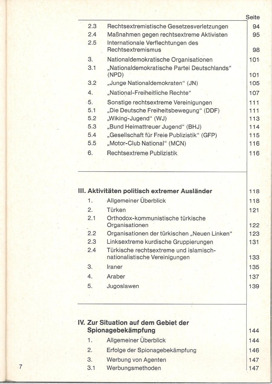 Seite 2.3 Rechtsextremistische Gesetzesverletzungen 94 2.4 Maßnahmen gegen rechtsextreme Aktivisten 95 2.5 Internationale Verflechtungen des Rechtsextremismus 98 9. Nationaldemokratische Organisationen 101 3.1 "Nationaldemokratische Partei Deutschlands" (NPD) 101 3.2 "Junge Nationaldemokraten" (JN) 105 4. "National-Freiheitliche Rechte" 107 "5, Sonstige rechtsextreme Vereinigungen 111 Si "Die Deutsche Freiheitsbewegung" (DDF) rl 5.2 "Wiking-Jugend" (WJ) 118 5.3 "Bund Heimattreuer Jugend" (BHJ) 114 5.4 "Gesellschaft für Freie Publizistik" (GFP) 115 59 "Motor-Club National" (MCN) 116 6. Rechtsextreme Publizistik 116 III. Aktivitäten politisch extremer Ausländer 118 Ar. Allgemeiner Überblick 118 2. Türken 121 2.1 Orthodox-kommunistische türkische r Organisationen 122 22. Organisationen der türkischen "Neuen Linken" 123 283 Linksextreme kurdische Gruppierungen 131 2.4 Türkische rechtsextreme und islamisch- : nationalistische Vereinigungen 1883 3. Iraner 135 Araber 137 8. Jugoslawen 139 IV. Zur Situation auf dem Gebiet der Spionagebekämpfung 144 iR Allgemeiner Überblick 144 2: Erfolge der Spionagebekämpfung 146 3. Werbung von Agenten 147 31 Werbungsmethoden 147