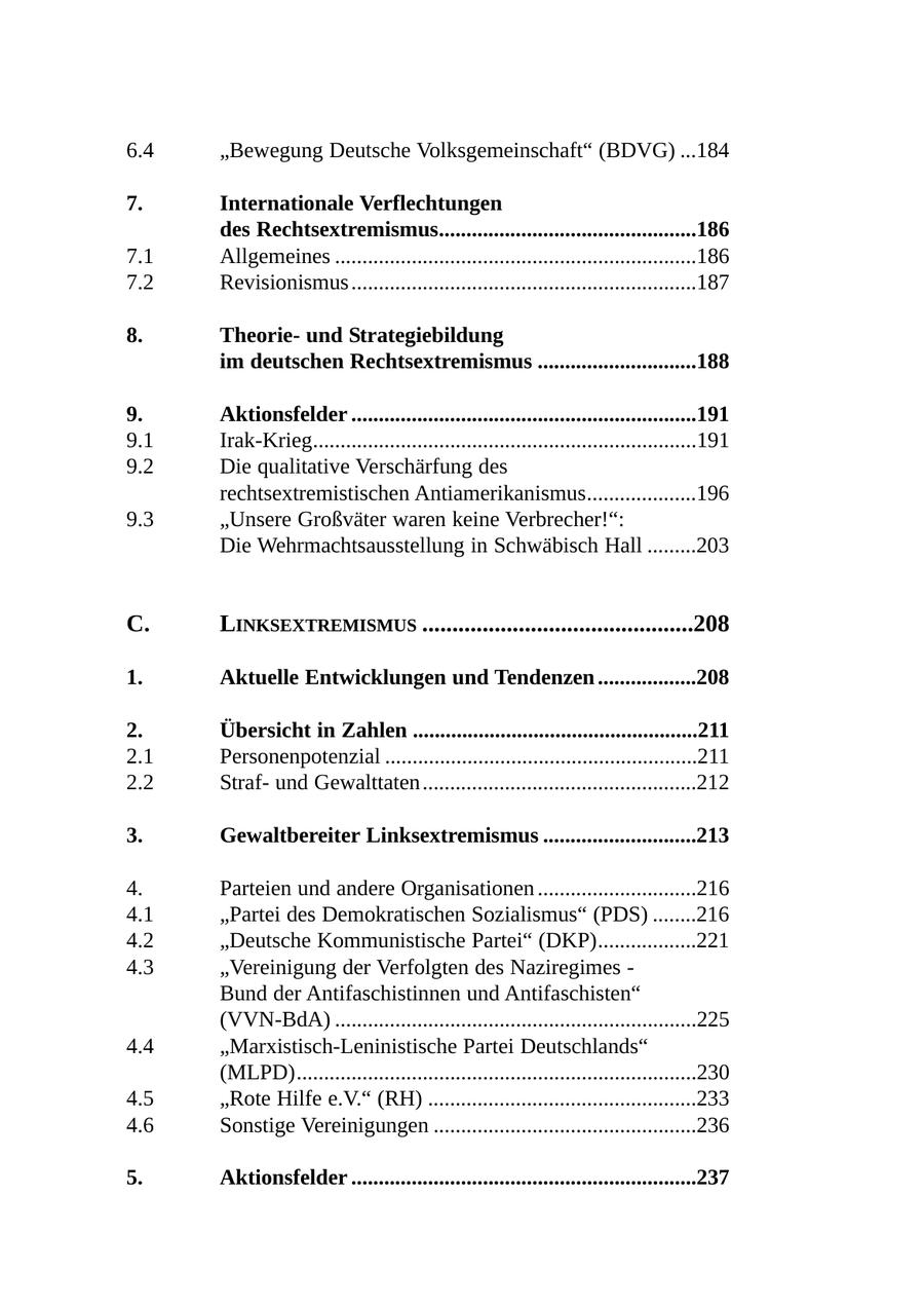 6.4 "Bewegung Deutsche Volksgemeinschaft" (BDVG) ...184 7. Internationale Verflechtungen des Rechtsextremismus...............................................186 7.1 Allgemeines ..................................................................186 7.2 Revisionismus ...............................................................187 8. Theorieund Strategiebildung im deutschen Rechtsextremismus .............................188 9. Aktionsfelder ...............................................................191 9.1 Irak-Krieg......................................................................191 9.2 Die qualitative Verschärfung des rechtsextremistischen Antiamerikanismus....................196 9.3 "Unsere Großväter waren keine Verbrecher!": Die Wehrmachtsausstellung in Schwäbisch Hall .........203 C. LINKSEXTREMISMUS .............................................208 1. Aktuelle Entwicklungen und Tendenzen ..................208 2. Übersicht in Zahlen ....................................................211 2.1 Personenpotenzial .........................................................211 2.2 Strafund Gewalttaten ..................................................212 3. Gewaltbereiter Linksextremismus ............................213 4. Parteien und andere Organisationen .............................216 4.1 "Partei des Demokratischen Sozialismus" (PDS) ........216 4.2 "Deutsche Kommunistische Partei" (DKP)..................221 4.3 "Vereinigung der Verfolgten des Naziregimes - Bund der Antifaschistinnen und Antifaschisten" (VVN-BdA) ..................................................................225 4.4 "Marxistisch-Leninistische Partei Deutschlands" (MLPD).........................................................................230 4.5 "Rote Hilfe e.V." (RH) .................................................233 4.6 Sonstige Vereinigungen ................................................236 5. Aktionsfelder ...............................................................237