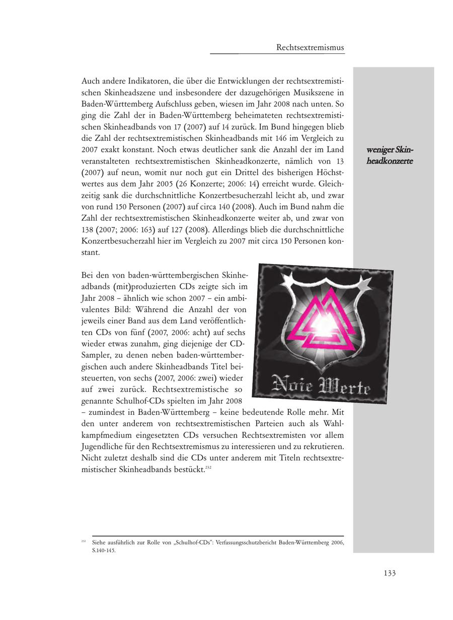 Auch andere Indikatoren, die über die Entwicklungen der rechtsextremistischen Skinheadszene und insbesondere der dazugehörigen Musikszene in Baden-Württemberg Aufschluss geben, wiesen im Jahr 2008 nach unten. So ging die Zahl der in Baden-Württemberg beheimateten rechtsextremistischen Skinheadbands von 17 (2007) auf 14 zurück. Im Bund hingegen blieb die Zahl der rechtsextremistischen Skinheadbands mit 146 im Vergleich zu 2007 exakt konstant. Noch etwas deutlicher sank die Anzahl der im Land weniger Skinveranstalteten rechtsextremistischen Skinheadkonzerte, nämlich von 13 headkonzerte (2007) auf neun, womit nur noch gut ein Drittel des bisherigen Höchstwertes aus dem Jahr 2005 (26 Konzerte; 2006: 14) erreicht wurde. Gleichzeitig sank die durchschnittliche Konzertbesucherzahl leicht ab, und zwar von rund 150 Personen (2007) auf circa 140 (2008). Auch im Bund nahm die Zahl der rechtsextremistischen Skinheadkonzerte weiter ab, und zwar von 138 (2007; 2006: 163) auf 127 (2008). Allerdings blieb die durchschnittliche Konzertbesucherzahl hier im Vergleich zu 2007 mit circa 150 Personen konstant. Bei den von baden-württembergischen Skinheadbands (mit)produzierten CDs zeigte sich im Jahr 2008 - ähnlich wie schon 2007 - ein ambivalentes Bild: Während die Anzahl der von jeweils einer Band aus dem Land veröffentlichten CDs von fünf (2007, 2006: acht) auf sechs wieder etwas zunahm, ging diejenige der CDSampler, zu denen neben baden-württembergischen auch andere Skinheadbands Titel beisteuerten, von sechs (2007, 2006: zwei) wieder auf zwei zurück. Rechtsextremistische so genannte Schulhof-CDs spielten im Jahr 2008 - zumindest in Baden-Württemberg - keine bedeutende Rolle mehr. Mit den unter anderem von rechtsextremistischen Parteien auch als Wahlkampfmedium eingesetzten CDs versuchen Rechtsextremisten vor allem Jugendliche für den Rechtsextremismus zu interessieren und zu rekrutieren. Nicht zuletzt deshalb sind die CDs unter anderem mit Titeln rechtsextremistischer Skinheadbands bestückt.232 232 Siehe ausführlich zur Rolle von "Schulhof-CDs": Verfassungsschutzbericht Baden-Württemberg 2006, S.140-145. 133