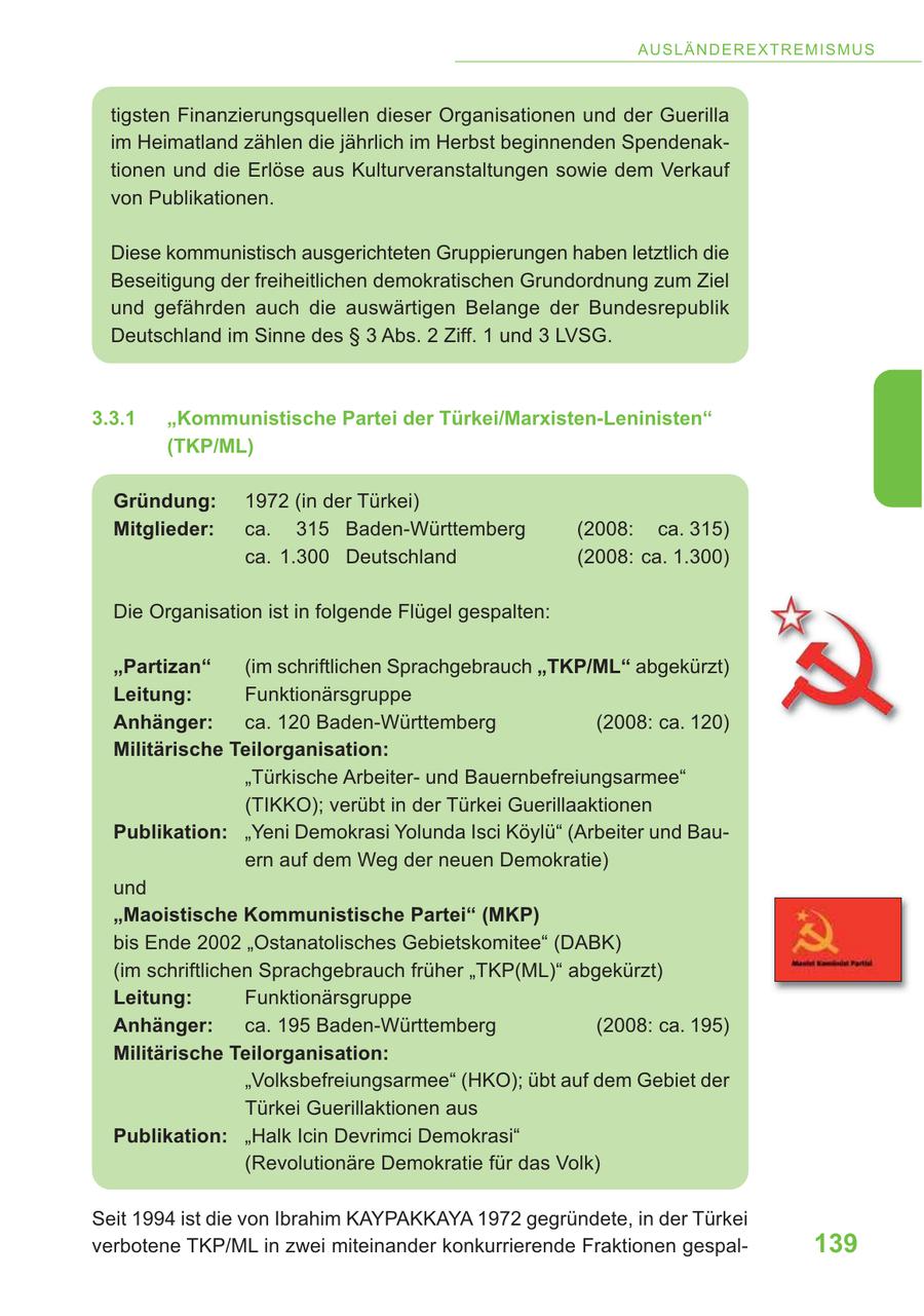 A U S LÄ N DE R E X T R E M IS M U S tigsten Finanzierungsquellen dieser Organisationen und der Guerilla im Heimatland zählen die jährlich im Herbst beginnenden Spendenaktionen und die Erlöse aus Kulturveranstaltungen sowie dem Verkauf von Publikationen. Diese kommunistisch ausgerichteten Gruppierungen haben letztlich die Beseitigung der freiheitlichen demokratischen Grundordnung zum Ziel und gefährden auch die auswärtigen Belange der Bundesrepublik Deutschland im Sinne des SS 3 Abs. 2 Ziff. 1 und 3 LVSG. 3.3.1 "Kommunistische Partei der Türkei/Marxisten-Leninisten" (TKP/ML) Gründung: 1972 (in der Türkei) Mitglieder: ca. 315 Baden-Württemberg (2008: ca. 315) ca. 1.300 Deutschland (2008: ca. 1.300) Die Organisation ist in folgende Flügel gespalten: "Partizan" (im schriftlichen Sprachgebrauch "TKP/ML" abgekürzt) Leitung: Funktionärsgruppe Anhänger: ca. 120 Baden-Württemberg (2008: ca. 120) Militärische Teilorganisation: "Türkische Arbeiterund Bauernbefreiungsarmee" (TIKKO); verübt in der Türkei Guerillaaktionen Publikation: "Yeni Demokrasi Yolunda Isci Köylü" (Arbeiter und Bauern auf dem Weg der neuen Demokratie) und "Maoistische Kommunistische Partei" (MKP) bis Ende 2002 "Ostanatolisches Gebietskomitee" (DABK) (im schriftlichen Sprachgebrauch früher "TKP(ML)" abgekürzt) Leitung: Funktionärsgruppe Anhänger: ca. 195 Baden-Württemberg (2008: ca. 195) Militärische Teilorganisation: "Volksbefreiungsarmee" (HKO); übt auf dem Gebiet der Türkei Guerillaktionen aus Publikation: "Halk Icin Devrimci Demokrasi" (Revolutionäre Demokratie für das Volk) Seit 1994 ist die von Ibrahim KAYPAKKAYA 1972 gegründete, in der Türkei verbotene TKP/ML in zwei miteinander konkurrierende Fraktionen gespal139