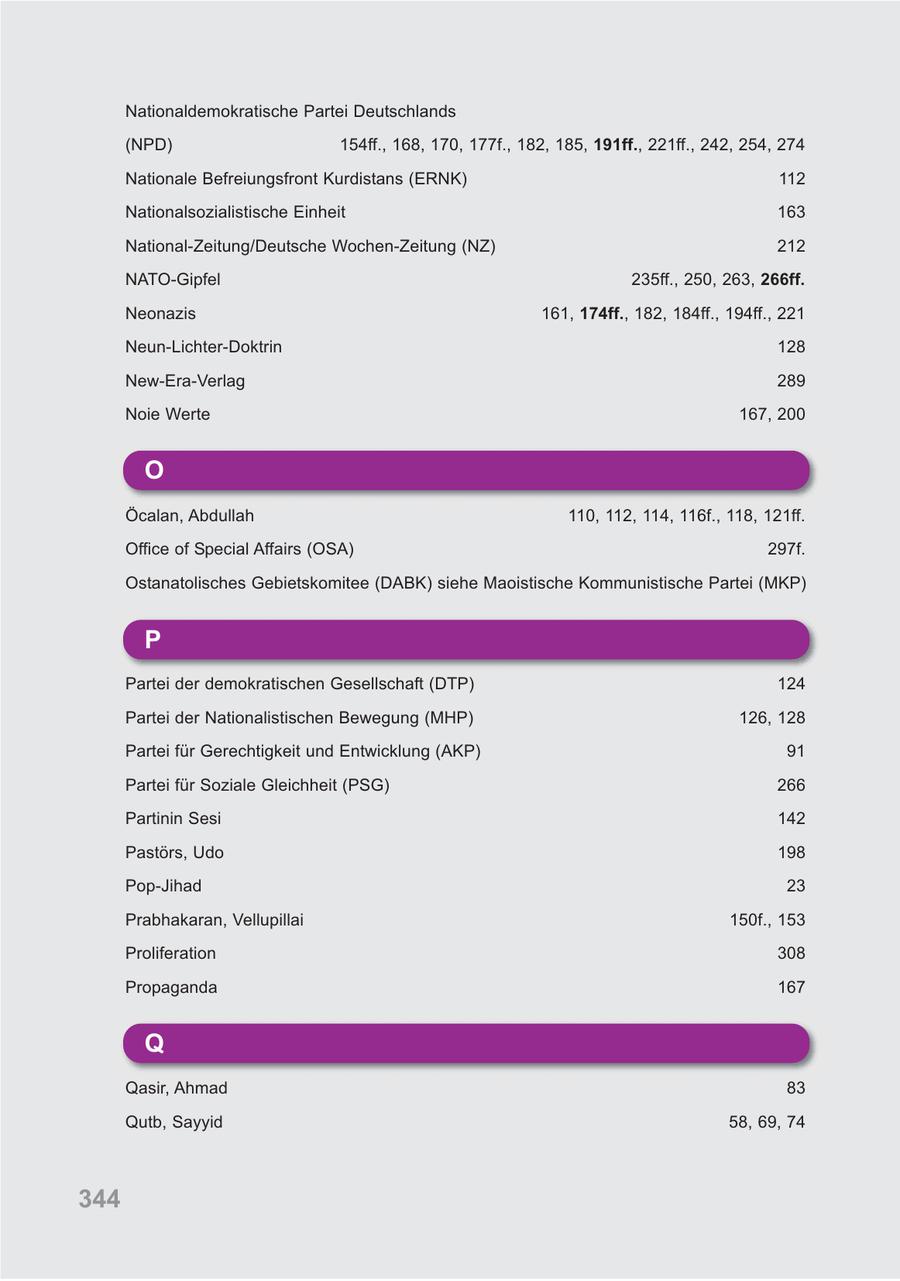 Nationaldemokratische Partei Deutschlands (NPD) 154ff., 168, 170, 177f., 182, 185, 191ff., 221ff., 242, 254, 274 Nationale Befreiungsfront Kurdistans (ERNK) 112 Nationalsozialistische Einheit 163 National-Zeitung/Deutsche Wochen-Zeitung (NZ) 212 NATO-Gipfel 235ff., 250, 263, 266ff. Neonazis 161, 174ff., 182, 184ff., 194ff., 221 Neun-Lichter-Doktrin 128 New-Era-Verlag 289 Noie Werte 167, 200 O Öcalan, Abdullah 110, 112, 114, 116f., 118, 121ff. Office of Special Affairs (OSA) 297f. Ostanatolisches Gebietskomitee (DABK) siehe Maoistische Kommunistische Partei (MKP) P Partei der demokratischen Gesellschaft (DTP) 124 Partei der Nationalistischen Bewegung (MHP) 126, 128 Partei für Gerechtigkeit und Entwicklung (AKP) 91 Partei für Soziale Gleichheit (PSG) 266 Partinin Sesi 142 Pastörs, Udo 198 Pop-Jihad 23 Prabhakaran, Vellupillai 150f., 153 Proliferation 308 Propaganda 167 Q Qasir, Ahmad 83 Qutb, Sayyid 58, 69, 74 344