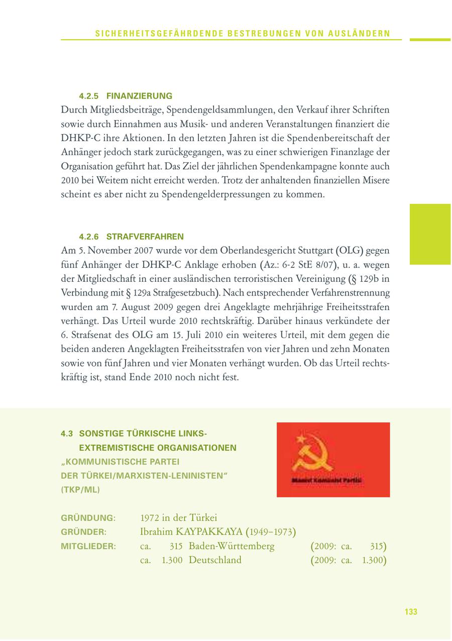SICHERHEITSGEFÄHRDENDE BESTREBUNGEN VON AUSLÄNDERN 4.2.5 FINANZIERUNG Durch Mitgliedsbeiträge, Spendengeldsammlungen, den Verkauf ihrer Schriften sowie durch Einnahmen aus Musikund anderen Veranstaltungen finanziert die DHKP-C ihre Aktionen. In den letzten Jahren ist die Spendenbereitschaft der Anhänger jedoch stark zurückgegangen, was zu einer schwierigen Finanzlage der Organisation geführt hat. Das Ziel der jährlichen Spendenkampagne konnte auch 2010 bei Weitem nicht erreicht werden. Trotz der anhaltenden finanziellen Misere scheint es aber nicht zu Spendengelderpressungen zu kommen. 4.2.6 STRAFVERFAHREN Am 5. November 2007 wurde vor dem Oberlandesgericht Stuttgart (OLG) gegen fünf Anhänger der DHKP-C Anklage erhoben (Az.: 6-2 StE 8/07), u. a. wegen der Mitgliedschaft in einer ausländischen terroristischen Vereinigung (SS 129b in Verbindung mit SS 129a Strafgesetzbuch). Nach entsprechender Verfahrenstrennung wurden am 7. August 2009 gegen drei Angeklagte mehrjährige Freiheitsstrafen verhängt. Das Urteil wurde 2010 rechtskräftig. Darüber hinaus verkündete der 6. Strafsenat des OLG am 15. Juli 2010 ein weiteres Urteil, mit dem gegen die beiden anderen Angeklagten Freiheitsstrafen von vier Jahren und zehn Monaten sowie von fünf Jahren und vier Monaten verhängt wurden. Ob das Urteil rechtskräftig ist, stand Ende 2010 noch nicht fest. 4.3 SONSTIGE TÜRKISCHE LINKSEXTREMISTISCHE ORGANISATIONEN "KOMMUNISTISCHE PARTEI DER TÜRKEI/MARXISTEN-LENINISTEN" (TKP/ML) GRÜNDUNG: 1972 in der Türkei GRÜNDER: Ibrahim KAYPAKKAYA (1949-1973) MITGLIEDER: ca. 315 Baden-Württemberg (2009: ca. 315) ca. 1.300 Deutschland (2009: ca. 1.300) 133