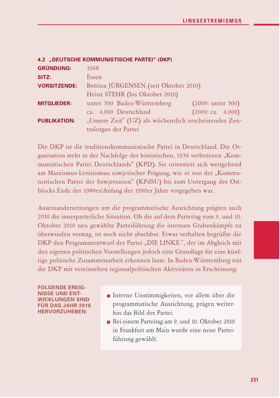 LINKSEXTREMISMUS 4.2 "DEUTSCHE KOMMUNISTISCHE PARTEI" (DKP) GRÜNDUNG: 1968 SITZ: Essen VORSITZENDE: Bettina JÜRGENSEN (seit Oktober 2010) Heinz STEHR (bis Oktober 2010) MITGLIEDER: unter 500 Baden-Württemberg (2009: unter 500) ca. 4.000 Deutschland (2009: ca. 4.000) PUBLIKATION: "Unsere Zeit" (UZ) als wöchentlich erscheinendes Zentralorgan der Partei Die DKP ist die traditionskommunistische Partei in Deutschland. Die Organisation steht in der Nachfolge der historischen, 1956 verbotenen "Kommunistischen Partei Deutschlands" (KPD). Sie orientiert sich weitgehend am Marxismus-Leninismus sowjetischer Prägung, wie er von der "Kommunistischen Partei der Sowjetunion" (KPdSU) bis zum Untergang des Ostblocks Ende der 1980er/Anfang der 1990er Jahre vorgegeben war. Auseinandersetzungen um die programmatische Ausrichtung prägten auch 2010 die innerparteiliche Situation. Ob die auf dem Parteitag vom 9. und 10. Oktober 2010 neu gewählte Parteiführung die internen Grabenkämpfe zu überwinden vermag, ist noch nicht absehbar. Etwas verhalten begrüßte die DKP den Programmentwurf der Partei "DIE LINKE.", der im Abgleich mit den eigenen politischen Vorstellungen jedoch eine Grundlage für eine künftige politische Zusammenarbeit erkennen lasse. In Baden-Württemberg trat die DKP mit vereinzelten regionalpolitischen Aktivitäten in Erscheinung. FOLGENDE EREIGNISSE UND ENTInterne Unstimmigkeiten, vor allem über die WICKLUNGEN SIND FÜR DAS JAHR 2010 programmatische Ausrichtung, prägen weiterHERVORZUHEBEN: hin das Bild der Partei. Bei einem Parteitag am 9. und 10. Oktober 2010 in Frankfurt am Main wurde eine neue Parteiführung gewählt. 231