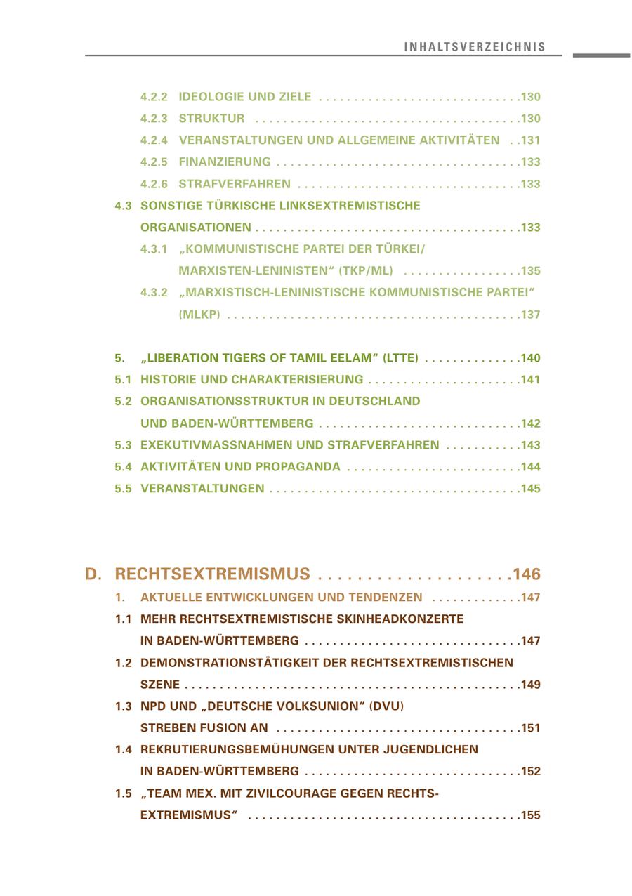 I N H A LT S V E R Z E I C H N I S 4.2.2 IDEOLOGIE UND ZIELE . . . . . . . . . . . . . . . . . . . . . . . . . . . . .130 4.2.3 STRUKTUR . . . . . . . . . . . . . . . . . . . . . . . . . . . . . . . . . . . . . .130 4.2.4 VERANSTALTUNGEN UND ALLGEMEINE AKTIVITÄTEN . .131 4.2.5 FINANZIERUNG . . . . . . . . . . . . . . . . . . . . . . . . . . . . . . . . . . .133 4.2.6 STRAFVERFAHREN . . . . . . . . . . . . . . . . . . . . . . . . . . . . . . . .133 4.3 SONSTIGE TÜRKISCHE LINKSEXTREMISTISCHE ORGANISATIONEN . . . . . . . . . . . . . . . . . . . . . . . . . . . . . . . . . . . . . .133 4.3.1 "KOMMUNISTISCHE PARTEI DER TÜRKEI/ MARXISTEN-LENINISTEN" (TKP/ML) . . . . . . . . . . . . . . . . .135 4.3.2 "MARXISTISCH-LENINISTISCHE KOMMUNISTISCHE PARTEI" (MLKP) . . . . . . . . . . . . . . . . . . . . . . . . . . . . . . . . . . . . . . . . . .137 5. "LIBERATION TIGERS OF TAMIL EELAM" (LTTE) . . . . . . . . . . . . . .140 5.1 HISTORIE UND CHARAKTERISIERUNG . . . . . . . . . . . . . . . . . . . . . .141 5.2 ORGANISATIONSSTRUKTUR IN DEUTSCHLAND UND BADEN-WÜRTTEMBERG . . . . . . . . . . . . . . . . . . . . . . . . . . . . .142 5.3 EXEKUTIVMASSNAHMEN UND STRAFVERFAHREN . . . . . . . . . . .143 5.4 AKTIVITÄTEN UND PROPAGANDA . . . . . . . . . . . . . . . . . . . . . . . . .144 5.5 VERANSTALTUNGEN . . . . . . . . . . . . . . . . . . . . . . . . . . . . . . . . . . . .145 D. RECHTSEXTREMISMUS . . . . . . . . . . . . . . . . . . . .146 1. AKTUELLE ENTWICKLUNGEN UND TENDENZEN . . . . . . . . . . . . .147 1.1 MEHR RECHTSEXTREMISTISCHE SKINHEADKONZERTE IN BADEN-WÜRTTEMBERG . . . . . . . . . . . . . . . . . . . . . . . . . . . . . . .147 1.2 DEMONSTRATIONSTÄTIGKEIT DER RECHTSEXTREMISTISCHEN SZENE . . . . . . . . . . . . . . . . . . . . . . . . . . . . . . . . . . . . . . . . . . . . . . . .149 1.3 NPD UND "DEUTSCHE VOLKSUNION" (DVU) STREBEN FUSION AN . . . . . . . . . . . . . . . . . . . . . . . . . . . . . . . . . . .151 1.4 REKRUTIERUNGSBEMÜHUNGEN UNTER JUGENDLICHEN IN BADEN-WÜRTTEMBERG . . . . . . . . . . . . . . . . . . . . . . . . . . . . . . .152 1.5 "TEAM MEX. MIT ZIVILCOURAGE GEGEN RECHTS - EXTREMISMUS" . . . . . . . . . . . . . . . . . . . . . . . . . . . . . . . . . . . . . . .155