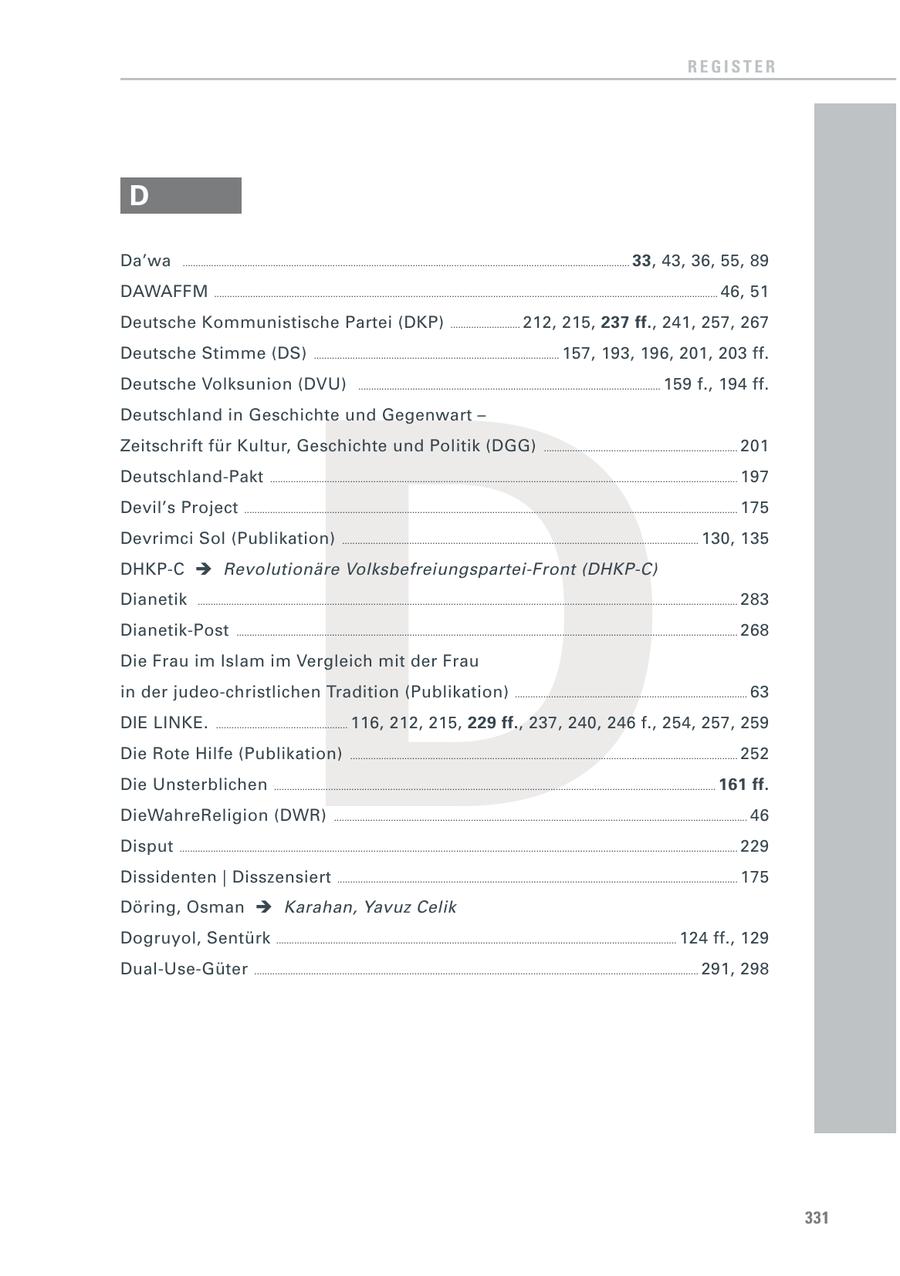 REGISTER D Da'wa ............................................................................................................................................................................. 33, 43, 36, 55, 89 DAWAFFM ................................................................................................................................................................................................... 46, 51 Deutsche Kommunistische Partei (DKP) ........................... 212, 215, 237 ff., 241, 257, 267 D Deutsche Stimme (DS) ............................................................................................... 157, 193, 196, 201, 203 ff. Deutsche Volksunion (DVU) ..................................................................................................................... 159 f., 194 ff. Deutschland in Geschichte und Gegenwart - Zeitschrift für Kultur, Geschichte und Politik (DGG) ........................................................................... 201 Deutschland-Pakt ..................................................................................................................................................................................... 197 Devil's Project ............................................................................................................................................................................................... 175 Devrimci Sol (Publikation) .......................................................................................................................................... 130, 135 DHKP-C Revolutionäre Volksbefreiungspartei-Front (DHKP-C) Dianetik ................................................................................................................................................................................................................. 283 Dianetik-Post .................................................................................................................................................................................................. 268 Die Frau im Islam im Vergleich mit der Frau in der judeo-christlichen Tradition (Publikation) .......................................................................................... 63 DIE LINKE. ................................................... 116, 212, 215, 229 ff., 237, 240, 246 f., 254, 257, 259 Die Rote Hilfe (Publikation) ...................................................................................................................................................... 252 Die Unsterblichen ........................................................................................................................................................................... 161 ff. DieWahreReligion (DWR) ................................................................................................................................................................ 46 Disput ........................................................................................................................................................................................................................ 229 Dissidenten | Disszensiert ........................................................................................................................................................... 175 Döring, Osman Karahan, Yavuz Celik Dogruyol, Sentürk ........................................................................................................................................................... 124 ff., 129 Dual-Use-Güter ............................................................................................................................................................................ 291, 298 331