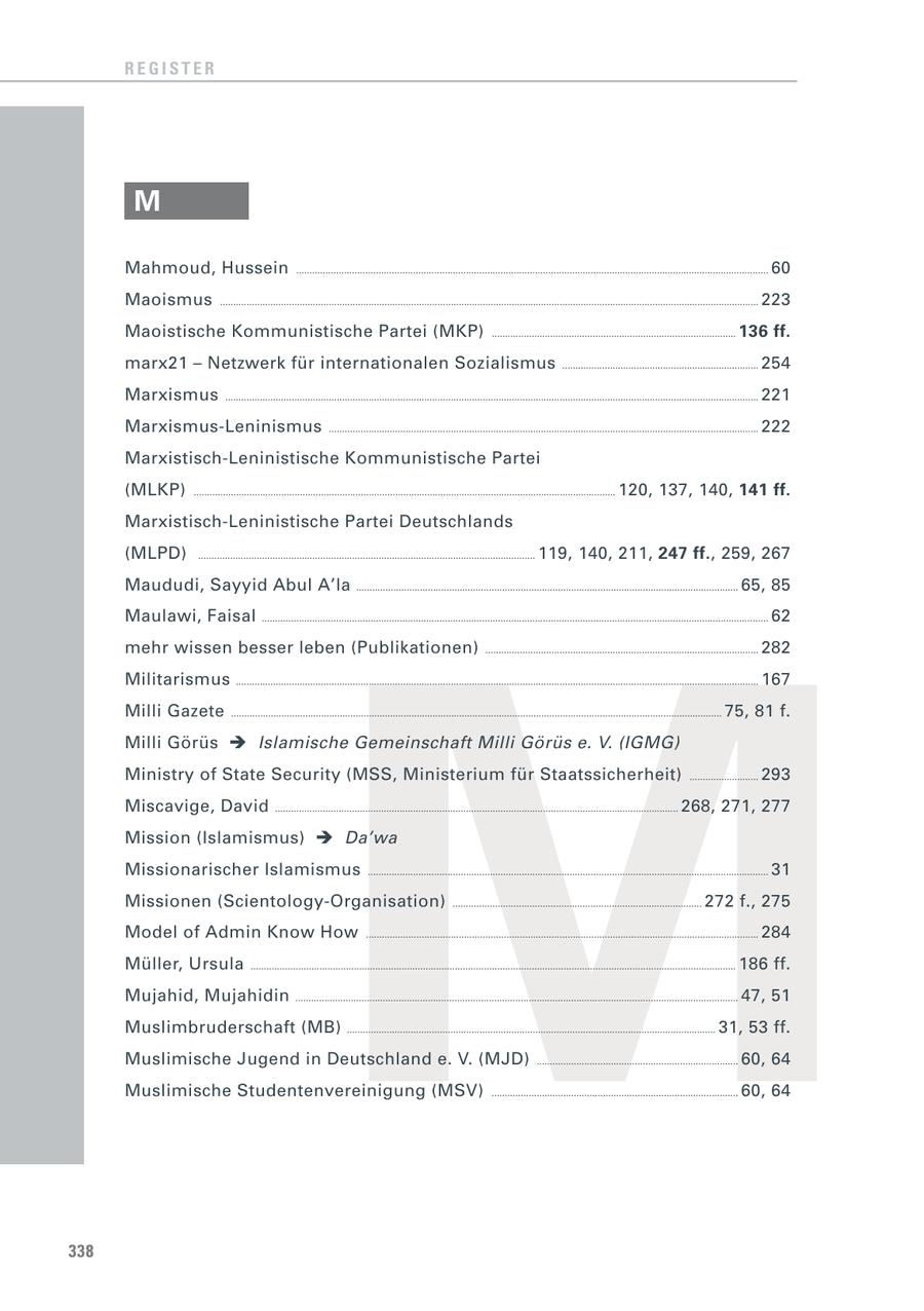 REGISTER M Mahmoud, Hussein .................................................................................................................................................................................. 60 Maoismus ........................................................................................................................................................................................................... 223 Maoistische Kommunistische Partei (MKP) ............................................................................................ 136 ff. marx21 - Netzwerk für internationalen Sozialismus .......................................................................... 254 Marxismus ......................................................................................................................................................................................................... 221 Marxismus-Leninismus .................................................................................................................................................................. 222 Marxistisch-Leninistische Kommunistische Partei (MLKP) ............................................................................................................................................................... 120, 137, 140, 141 ff. Marxistisch-Leninistische Partei Deutschlands (MLPD) ............................................................................................................................... 119, 140, 211, 247 ff., 259, 267 Maududi, Sayyid Abul A'la ................................................................................................................................................ 65, 85 M Maulawi, Faisal ............................................................................................................................................................................................... 62 mehr wissen besser leben (Publikationen) ....................................................................................................... 282 Militarismus ..................................................................................................................................................................................................... 167 Milli Gazete ......................................................................................................................................................................................... 75, 81 f. Milli Görüs Islamische Gemeinschaft Milli Görüs e. V. (IGMG) Ministry of State Security (MSS, Ministerium für Staatssicherheit) .......................... 293 Miscavige, David ........................................................................................................................................................ 268, 271, 277 Mission (Islamismus) Da'wa Missionarischer Islamismus ....................................................................................................................................................... 31 Missionen (Scientology-Organisation) .............................................................................................. 272 f., 275 Model of Admin Know How .................................................................................................................................................... 284 Müller, Ursula ....................................................................................................................................................................................... 186 ff. Mujahid, Mujahidin ....................................................................................................................................................................... 47, 51 Muslimbruderschaft (MB) ........................................................................................................................................... 31, 53 ff. Muslimische Jugend in Deutschland e. V. (MJD) ............................................................................ 60, 64 Muslimische Studentenvereinigung (MSV) ............................................................................................. 60, 64 338