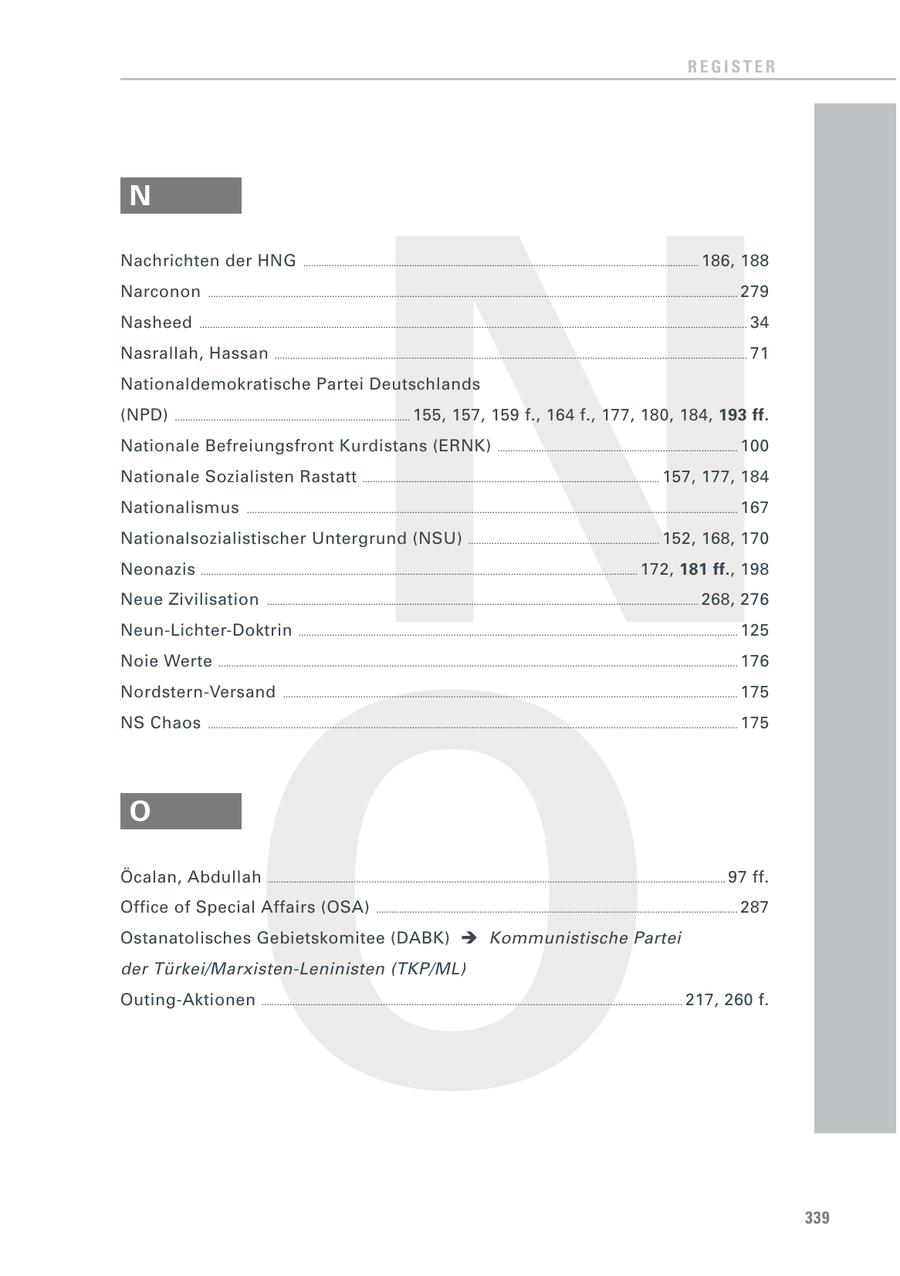 REGISTER N N Nachrichten der HNG ......................................................................................................................................................... 186, 188 Narconon ............................................................................................................................................................................................................. 279 Nasheed .................................................................................................................................................................................................................... 34 Nasrallah, Hassan ....................................................................................................................................................................................... 71 Nationaldemokratische Partei Deutschlands (NPD) ........................................................................................... 155, 157, 159 f., 164 f., 177, 180, 184, 193 ff. Nationale Befreiungsfront Kurdistans (ERNK) ............................................................................................. 100 Nationale Sozialisten Rastatt ................................................................................................................... 157, 177, 184 Nationalismus .............................................................................................................................................................................................. 167 Nationalsozialistischer Untergrund (NSU) .......................................................................... 152, 168, 170 Neonazis ......................................................................................................................................................................... 172, 181 ff., 198 Neue Zivilisation ....................................................................................................................................................................... 268, 276 O Neun-Lichter-Doktrin .......................................................................................................................................................................... 125 Noie Werte ......................................................................................................................................................................................................... 176 Nordstern-Versand ................................................................................................................................................................................ 175 NS Chaos ............................................................................................................................................................................................................. 175 O Öcalan, Abdullah ................................................................................................................................................................................. 97 ff. Office of Special Affairs (OSA) ............................................................................................................................................ 287 Ostanatolisches Gebietskomitee (DABK) Kommunistische Partei der Türkei/Marxisten-Leninisten (TKP/ML) Outing-Aktionen ................................................................................................................................................................... 217, 260 f. 339