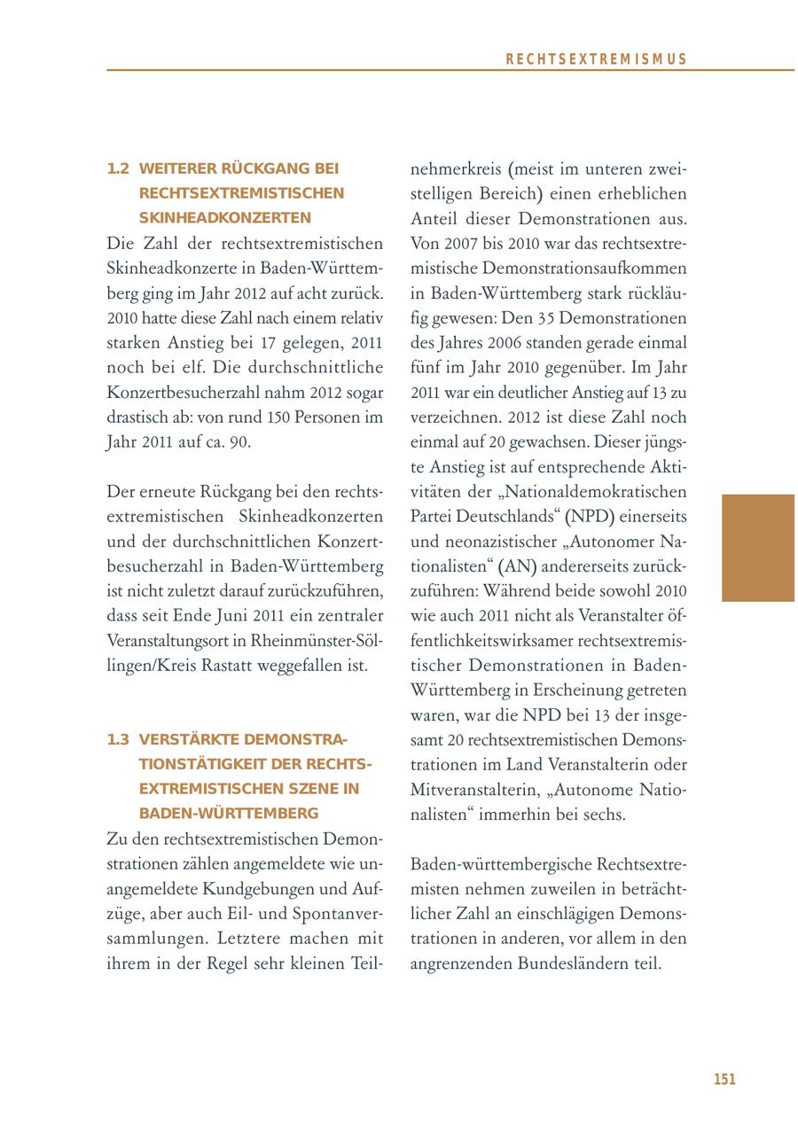 RECHTSEXTREM ISM US 1.2 WEITERER RÜCKGANG BEI nehmerkreis (meist im unteren zweiRECHTSEXTREMISTISCHEN stelligen Bereich) einen erheblichen SKINHEADKONZERTEN Anteil dieser Demonstrationen aus. Die Zahl der rechtsextremistischen Von 2007 bis 2010 war das rechtsextreSkinheadkonzerte in Baden-Württemmistische Demonstrationsaufkommen berg ging im Jahr 2012 auf acht zurück. in Baden-Württemberg stark rückläu2010 hatte diese Zahl nach einem relativ fig gewesen: Den 35 Demonstrationen starken Anstieg bei 17 gelegen, 2011 des Jahres 2006 standen gerade einmal noch bei elf. Die durchschnittliche fünf im Jahr 2010 gegenüber. Im Jahr Konzertbesucherzahl nahm 2012 sogar 2011 war ein deutlicher Anstieg auf 13 zu drastisch ab: von rund 150 Personen im verzeichnen. 2012 ist diese Zahl noch Jahr 2011 auf ca. 90. einmal auf 20 gewachsen. Dieser jüngste Anstieg ist auf entsprechende AktiDer erneute Rückgang bei den rechtsvitäten der "Nationaldemokratischen extremistischen Skinheadkonzerten Partei Deutschlands" (NPD) einerseits und der durchschnittlichen Konzertund neonazistischer "Autonomer Nabesucherzahl in Baden-Württemberg tionalisten" (AN) andererseits zurückist nicht zuletzt darauf zurückzuführen, zuführen: Während beide sowohl 2010 dass seit Ende Juni 2011 ein zentraler wie auch 2011 nicht als Veranstalter öfVeranstaltungsort in Rheinmünster-Sölfentlichkeitswirksamer rechtsextremislingen/Kreis Rastatt weggefallen ist. tischer Demonstrationen in BadenWürttemberg in Erscheinung getreten waren, war die NPD bei 13 der insge1.3 VERSTÄRKTE DEMONSTRAsamt 20 rechtsextremistischen DemonsTIONSTÄTIGKEIT DER RECHTStrationen im Land Veranstalterin oder EXTREMISTISCHEN SZENE IN Mitveranstalterin, "Autonome NatioBADEN-WÜRTTEMBERG nalisten" immerhin bei sechs. Zu den rechtsextremistischen Demonstrationen zählen angemeldete wie unBaden-württembergische Rechtsextreangemeldete Kundgebungen und Aufmisten nehmen zuweilen in beträchtzüge, aber auch Eilund Spontanverlicher Zahl an einschlägigen Demonssammlungen. Letztere machen mit trationen in anderen, vor allem in den ihrem in der Regel sehr kleinen Teilangrenzenden Bundesländern teil. 151