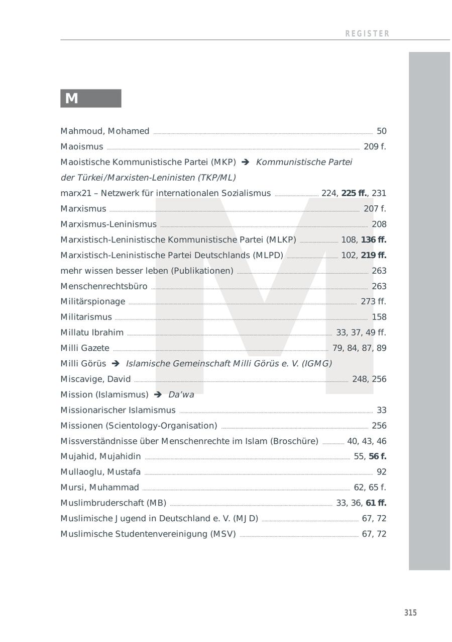 REGISTER M M ahmoud, M ohamed .......................................................................................................................................................................... 50 M aoismus 209 f. M .................................................................................................................................................................................................... M aoistische Kommunistische Partei (M KP) Kommunistische Partei der Türkei /M arxisten-Leninisten (TKP/M L) marx21 - Netzwerk für internationalen Sozialismus .................................. 224, 225 ff., 231 M arxismus .................................................................................................................................................................................................. 207 f. M arxismus-Leninismus ................................................................................................................................................................. 208 M arxistisch-Leninistische Kommunistische Partei (M LKP) .............................. 108, 136 ff. M arxistisch-Leninistische Partei Deutschlands (M LPD) ........................................ 102, 219 ff. mehr wissen besser leben (Publikationen) ...................................................................................................... 263 M enschenrechtsbüro ........................................................................................................................................................................ 263 M ilitärspionage ................................................................................................................................................................................. 273 ff. M ilitarismus .................................................................................................................................................................................................... 158 M illatu Ibrahim ............................................................................................................................................................... 33, 37, 49 ff. M illi Gazete ....................................................................................................................................................................... 79, 84, 87, 89 M illi Görüs Islamische Gemeinschaft M illi Görüs e. V. (IGM G) M iscavige, David ...................................................................................................................................................................... 248, 256 M ission (Islamismus) Da'wa M issionarischer Islamismus ...................................................................................................................................................... 33 M issionen (Scientology-Organisation) .................................................................................................................. 256 M issverständnisse über M enschenrechte im Islam (Broschüre) ................. 40, 43, 46 M ujahid, M ujahidin ............................................................................................................................................................... 55, 56 f. M ullaoglu, M ustafa ................................................................................................................................................................................. 92 M ursi, M uhammad ................................................................................................................................................................. 62, 65 f. M uslimbruderschaft (M B) .............................................................................................................................. 33, 36, 61 ff. M uslimische J ugend in Deutschland e. V. (M J D) ........................................................................... 67, 72 M uslimische Studentenvereinigung (M SV) ............................................................................................ 67, 72 315