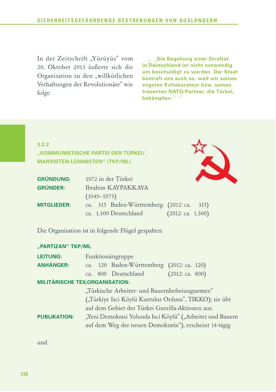 SICHERHEITSGEFÄHRDENDE BESTREBUNGEN VON AUSLÄNDERN In der Zeitschrift "Yürüyüs" vom 20. Oktober 2013 äußerte sich die Organisation zu den "willkürlichen " Die Begehung einer Straftat in Deutschland ist nicht notwendig um beschuldigt zu werden. Der Staat bestraft uns auch so, weil wir seinen Verhaftungen der Revolutionäre" wie engsten Kollaborateur bzw. seinen " folgt: treuesten NATO-Partner, die Türkei, bekämpfen. 3.2.2 "KOMMUNISTISCHE PARTEI DER TÜRKEI/ MARXISTEN-LENINISTEN" (TKP/ML) GRÜNDUNG: 1972 in der Türkei GRÜNDER: Ibrahim KAYPAKKAYA (1949-1973) MITGLIEDER: ca. 315 Baden-Württemberg (2012: ca. 315) ca. 1.300 Deutschland (2012: ca. 1.300) Die Organisation ist in folgende Flügel gespalten: "PARTIZAN" TKP/ML LEITUNG: Funktionärsgruppe ANHÄNGER: ca. 120 Baden-Württemberg (2012: ca. 120) ca. 800 Deutschland (2012: ca. 800) MILITÄRISCHE TEILORGANISATION: "Türkische Arbeiterund Bauernbefreiungsarmee" ("Türkiye Isci Köylü Kurtulus Ordusu", TIKKO); sie übt auf dem Gebiet der Türkei Guerilla-Aktionen aus. PUBLIKATION: "Yeni Demokrasi Yolunda Isci Köylü" ("Arbeiter und Bauern auf dem Weg der neuen Demokratie"); erscheint 14-tägig und 130