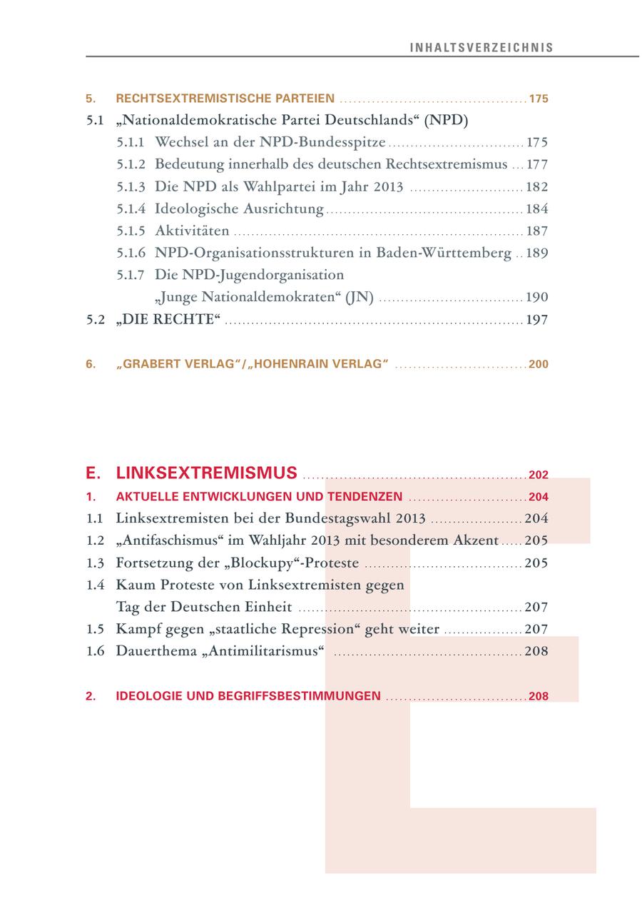 I N H A LT S V E R Z E I C H N I S 5. RECHTSEXTREMISTISCHE PARTEIEN ......................................... 175 5.1 "Nationaldemokratische Partei Deutschlands" (NPD) 5.1.1 Wechsel an der NPD-Bundesspitze . . . . . . . . . . . . . . . . . . . . . . . . . . . . . . . 175 5.1.2 Bedeutung innerhalb des deutschen Rechtsextremismus . . . 177 5.1.3 Die NPD als Wahlpartei im Jahr 2013 . . . . . . . . . . . . . . . . . . . . . . . . . . 182 5.1.4 Ideologische Ausrichtung . . . . . . . . . . . . . . . . . . . . . . . . . . . . . . . . . . . . . . . . . . . . . 184 5.1.5 Aktivitäten . . . . . . . . . . . . . . . . . . . . . . . . . . . . . . . . . . . . . . . . . . . . . . . . . . . . . . . . . . . . . . . . . . 187 5.1.6 NPD-Organisationsstrukturen in Baden-Württemberg . . 189 5.1.7 Die NPD-Jugendorganisation "Junge Nationaldemokraten" (JN) . . . . . . . . . . . . . . . . . . . . . . . . . . . . . . . . . 190 5.2 "DIE RECHTE" . . . . . . . . . . . . . . . . . . . . . . . . . . . . . . . . . . . . . . . . . . . . . . . . . . . . . . . . . . . . . . . . . . . . 197 6. "GRABERT VERLAG"/"HOHENRAIN VERLAG" ............................. 200 E E. LINKSEXTREMISMUS ................................................. 202 1. AKTUELLE ENTWICKLUNGEN UND TENDENZEN .......................... 204 1.1 Linksextremisten bei der Bundestagswahl 2013 . . . . . . . . . . . . . . . . . . . . . 204 1.2 "Antifaschismus" im Wahljahr 2013 mit besonderem Akzent . . . . . 205 1.3 Fortsetzung der "Blockupy"-Proteste . . . . . . . . . . . . . . . . . . . . . . . . . . . . . . . . . . . . 205 1.4 Kaum Proteste von Linksextremisten gegen Tag der Deutschen Einheit . . . . . . . . . . . . . . . . . . . . . . . . . . . . . . . . . . . . . . . . . . . . . . . . . . . 207 1.5 Kampf gegen "staatliche Repression" geht weiter . . . . . . . . . . . . . . . . . . 207 1.6 Dauerthema "Antimilitarismus" . . . . . . . . . . . . . . . . . . . . . . . . . . . . . . . . . . . . . . . . . . . 208 2. IDEOLOGIE UND BEGRIFFSBESTIMMUNGEN ............................... 208