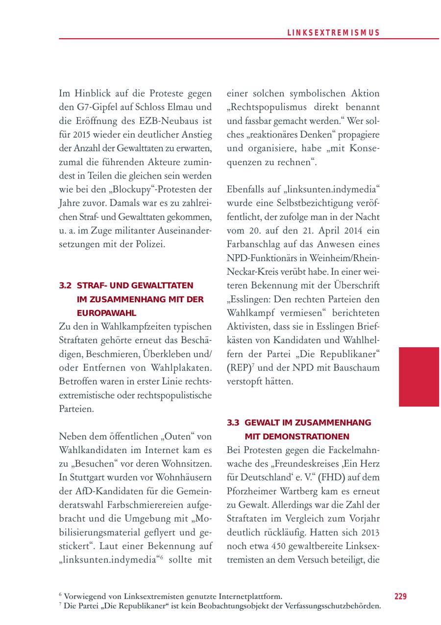 LIN KS EXTREM IS M U S Im Hinblick auf die Proteste gegen einer solchen symbolischen Aktion den G7-Gipfel auf Schloss Elmau und "Rechtspopulismus direkt benannt die Eröffnung des EZB-Neubaus ist und fassbar gemacht werden." Wer solfür 2015 wieder ein deutlicher Anstieg ches "reaktionäres Denken" propagiere der Anzahl der Gewalttaten zu erwarten, und organisiere, habe "mit Konsezumal die führenden Akteure zuminquenzen zu rechnen". dest in Teilen die gleichen sein werden wie bei den "Blockupy"-Protesten der Ebenfalls auf "linksunten.indymedia" Jahre zuvor. Damals war es zu zahlreiwurde eine Selbstbezichtigung veröfchen Strafund Gewalttaten gekommen, fentlicht, der zufolge man in der Nacht u. a. im Zuge militanter Auseinandervom 20. auf den 21. April 2014 ein setzungen mit der Polizei. Farbanschlag auf das Anwesen eines NPD-Funktionärs in Weinheim/RheinNeckar-Kreis verübt habe. In einer wei3.2 STRAFUND GEWALTTATEN teren Bekennung mit der Überschrift IM ZUSAMMENHANG MIT DER "Esslingen: Den rechten Parteien den EUROPAWAHL Wahlkampf vermiesen" berichteten Zu den in Wahlkampfzeiten typischen Aktivisten, dass sie in Esslingen BriefStraftaten gehörte erneut das Beschäkästen von Kandidaten und Wahlheldigen, Beschmieren, Überkleben und/ fern der Partei "Die Republikaner" oder Entfernen von Wahlplakaten. (REP)7 und der NPD mit Bauschaum Betroffen waren in erster Linie rechtsverstopft hätten. extremistische oder rechtspopulistische Parteien. 3.3 GEWALT IM ZUSAMMENHANG Neben dem öffentlichen "Outen" von MIT DEMONSTRATIONEN Wahlkandidaten im Internet kam es Bei Protesten gegen die Fackelmahnzu "Besuchen" vor deren Wohnsitzen. wache des "Freundeskreises 'Ein Herz In Stuttgart wurden vor Wohnhäusern für Deutschland' e. V." (FHD) auf dem der AfD-Kandidaten für die GemeinPforzheimer Wartberg kam es erneut deratswahl Farbschmierereien aufgezu Gewalt. Allerdings war die Zahl der bracht und die Umgebung mit "MoStraftaten im Vergleich zum Vorjahr bilisierungsmaterial geflyert und gedeutlich rückläufig. Hatten sich 2013 stickert". Laut einer Bekennung auf noch etwa 450 gewaltbereite Linksex"linksunten.indymedia"6 sollte mit tremisten an dem Versuch beteiligt, die 6 Vorwiegend von Linksextremisten genutzte Internetplattform. 229 7 Die Partei "Die Republikaner" ist kein Beobachtungsobjekt der Verfassungsschutzbehörden.