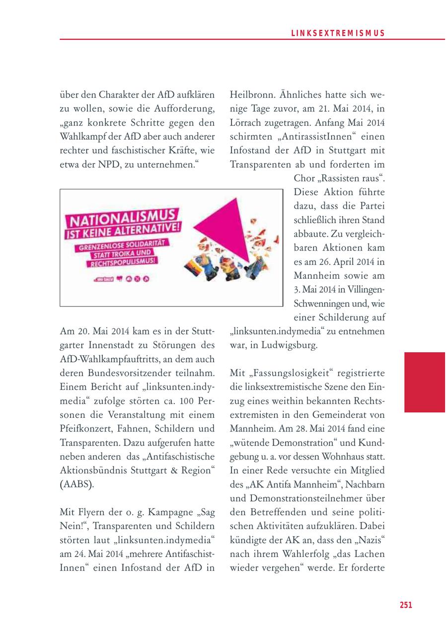 LIN KS EXTREM IS M U S über den Charakter der AfD aufklären Heilbronn. Ähnliches hatte sich wezu wollen, sowie die Aufforderung, nige Tage zuvor, am 21. Mai 2014, in "ganz konkrete Schritte gegen den Lörrach zugetragen. Anfang Mai 2014 Wahlkampf der AfD aber auch anderer schirmten "AntirassistInnen" einen rechter und faschistischer Kräfte, wie Infostand der AfD in Stuttgart mit etwa der NPD, zu unternehmen." Transparenten ab und forderten im Chor "Rassisten raus". Diese Aktion führte dazu, dass die Partei schließlich ihren Stand abbaute. Zu vergleichbaren Aktionen kam es am 26. April 2014 in Mannheim sowie am 3. Mai 2014 in VillingenSchwenningen und, wie einer Schilderung auf Am 20. Mai 2014 kam es in der Stutt"linksunten.indymedia" zu entnehmen garter Innenstadt zu Störungen des war, in Ludwigsburg. AfD-Wahlkampfauftritts, an dem auch deren Bundesvorsitzender teilnahm. Mit "Fassungslosigkeit" registrierte Einem Bericht auf "linksunten.indydie linksextremistische Szene den Einmedia" zufolge störten ca. 100 Perzug eines weithin bekannten Rechtssonen die Veranstaltung mit einem extremisten in den Gemeinderat von Pfeifkonzert, Fahnen, Schildern und Mannheim. Am 28. Mai 2014 fand eine Transparenten. Dazu aufgerufen hatte "wütende Demonstration" und Kundneben anderen das "Antifaschistische gebung u. a. vor dessen Wohnhaus statt. Aktionsbündnis Stuttgart & Region" In einer Rede versuchte ein Mitglied (AABS). des "AK Antifa Mannheim", Nachbarn und Demonstrationsteilnehmer über Mit Flyern der o. g. Kampagne "Sag den Betreffenden und seine politiNein!", Transparenten und Schildern schen Aktivitäten aufzuklären. Dabei störten laut "linksunten.indymedia" kündigte der AK an, dass den "Nazis" am 24. Mai 2014 "mehrere Antifaschistnach ihrem Wahlerfolg "das Lachen Innen" einen Infostand der AfD in wieder vergehen" werde. Er forderte 251