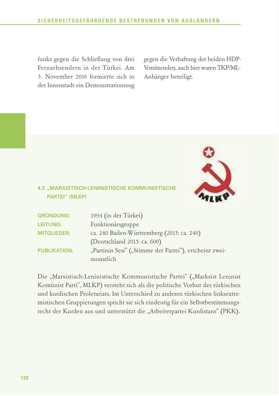 SICHERHEITSGEFÄHRDENDE BESTREBUNGEN VON AUSLÄNDERN funks gegen die Schließung von drei gegen die Verhaftung der beiden HDPFernsehsendern in der Türkei. Am Vorsitzenden, auch hier waren TKP/ML5. November 2016 formierte sich in Anhänger beteiligt. der Innenstadt ein Demonstrationszug 4.3 "MARXISTISCH-LENINISTISCHE KOMMUNISTISCHE PARTEI" (MLKP) GRÜNDUNG: 1994 (in der Türkei) LEITUNG: Funktionärsgruppe MITGLIEDER: ca. 240 Baden-Württemberg (2015: ca. 240) (Deutschland 2015: ca. 600) PUBLIKATION: "Partinin Sesi" ("Stimme der Partei"), erscheint zweimonatlich Die "Marxistisch-Leninistische Kommunistische Partei" ("Marksist Leninist Komünist Parti", MLKP) versteht sich als die politische Vorhut des türkischen und kurdischen Proletariats. Im Unterschied zu anderen türkischen linksextremistischen Gruppierungen spricht sie sich eindeutig für ein Selbstbestimmungsrecht der Kurden aus und unterstützt die "Arbeiterpartei Kurdistans" (PKK). 130