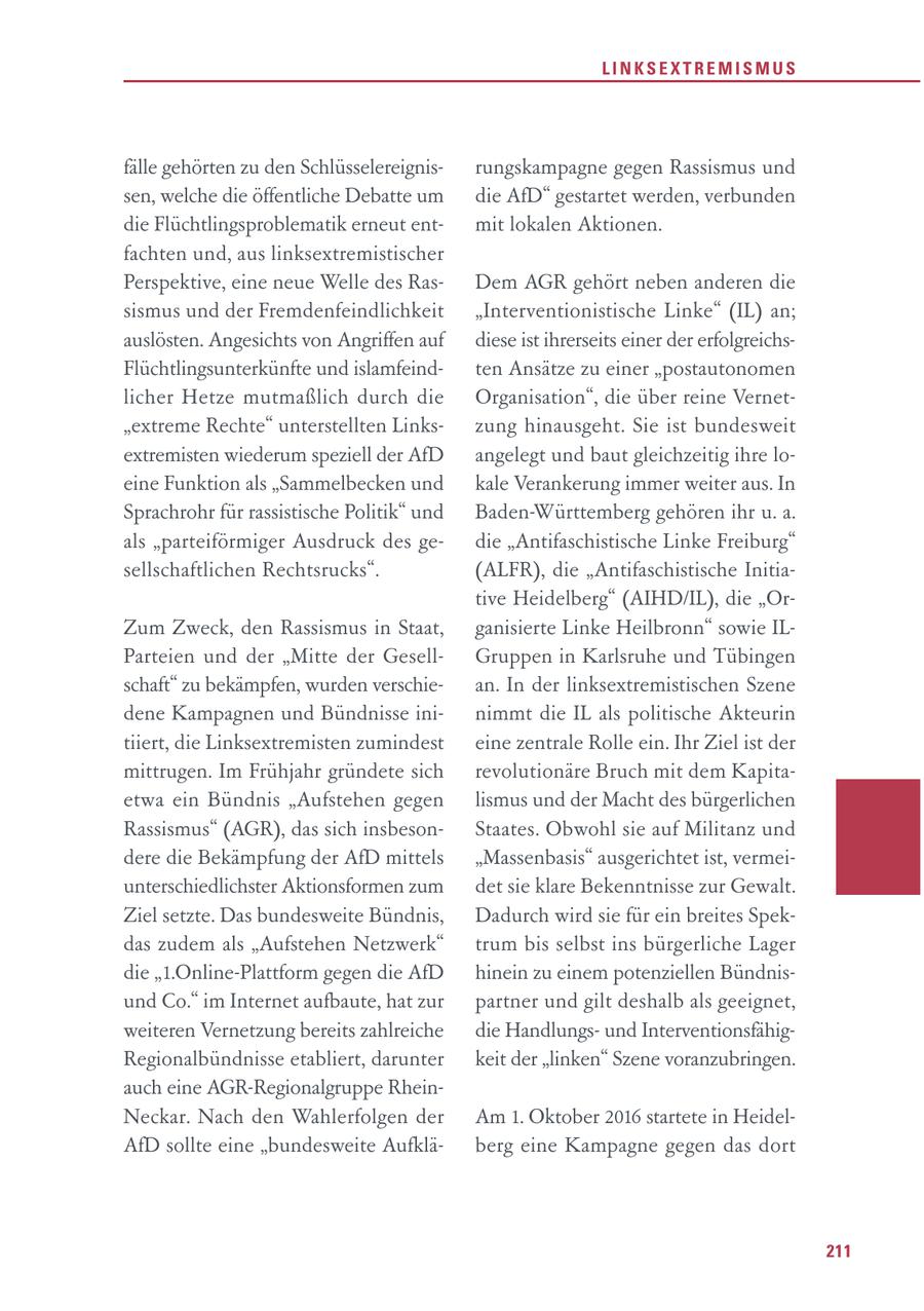 LINKSEXTREMISMUS fälle gehörten zu den Schlüsselereignisrungskampagne gegen Rassismus und sen, welche die öffentliche Debatte um die AfD" gestartet werden, verbunden die Flüchtlingsproblematik erneut entmit lokalen Aktionen. fachten und, aus linksextremistischer Perspektive, eine neue Welle des RasDem AGR gehört neben anderen die sismus und der Fremdenfeindlichkeit "Interventionistische Linke" (IL) an; auslösten. Angesichts von Angriffen auf diese ist ihrerseits einer der erfolgreichsFlüchtlingsunterkünfte und islamfeindten Ansätze zu einer "postautonomen licher Hetze mutmaßlich durch die Organisation", die über reine Vernet"extreme Rechte" unterstellten Linkszung hinausgeht. Sie ist bundesweit extremisten wiederum speziell der AfD angelegt und baut gleichzeitig ihre loeine Funktion als "Sammelbecken und kale Verankerung immer weiter aus. In Sprachrohr für rassistische Politik" und Baden-Württemberg gehören ihr u. a. als "parteiförmiger Ausdruck des gedie "Antifaschistische Linke Freiburg" sellschaftlichen Rechtsrucks". (ALFR), die "Antifaschistische Initiative Heidelberg" (AIHD/IL), die "OrZum Zweck, den Rassismus in Staat, ganisierte Linke Heilbronn" sowie ILParteien und der "Mitte der GesellGruppen in Karlsruhe und Tübingen schaft" zu bekämpfen, wurden verschiean. In der linksextremistischen Szene dene Kampagnen und Bündnisse ininimmt die IL als politische Akteurin tiiert, die Linksextremisten zumindest eine zentrale Rolle ein. Ihr Ziel ist der mittrugen. Im Frühjahr gründete sich revolutionäre Bruch mit dem Kapitaetwa ein Bündnis "Aufstehen gegen lismus und der Macht des bürgerlichen Rassismus" (AGR), das sich insbesonStaates. Obwohl sie auf Militanz und dere die Bekämpfung der AfD mittels "Massenbasis" ausgerichtet ist, vermeiunterschiedlichster Aktionsformen zum det sie klare Bekenntnisse zur Gewalt. Ziel setzte. Das bundesweite Bündnis, Dadurch wird sie für ein breites Spekdas zudem als "Aufstehen Netzwerk" trum bis selbst ins bürgerliche Lager die "1.Online-Plattform gegen die AfD hinein zu einem potenziellen Bündnisund Co." im Internet aufbaute, hat zur partner und gilt deshalb als geeignet, weiteren Vernetzung bereits zahlreiche die Handlungsund InterventionsfähigRegionalbündnisse etabliert, darunter keit der "linken" Szene voranzubringen. auch eine AGR-Regionalgruppe RheinNeckar. Nach den Wahlerfolgen der Am 1. Oktober 2016 startete in HeidelAfD sollte eine "bundesweite Aufkläberg eine Kampagne gegen das dort 211